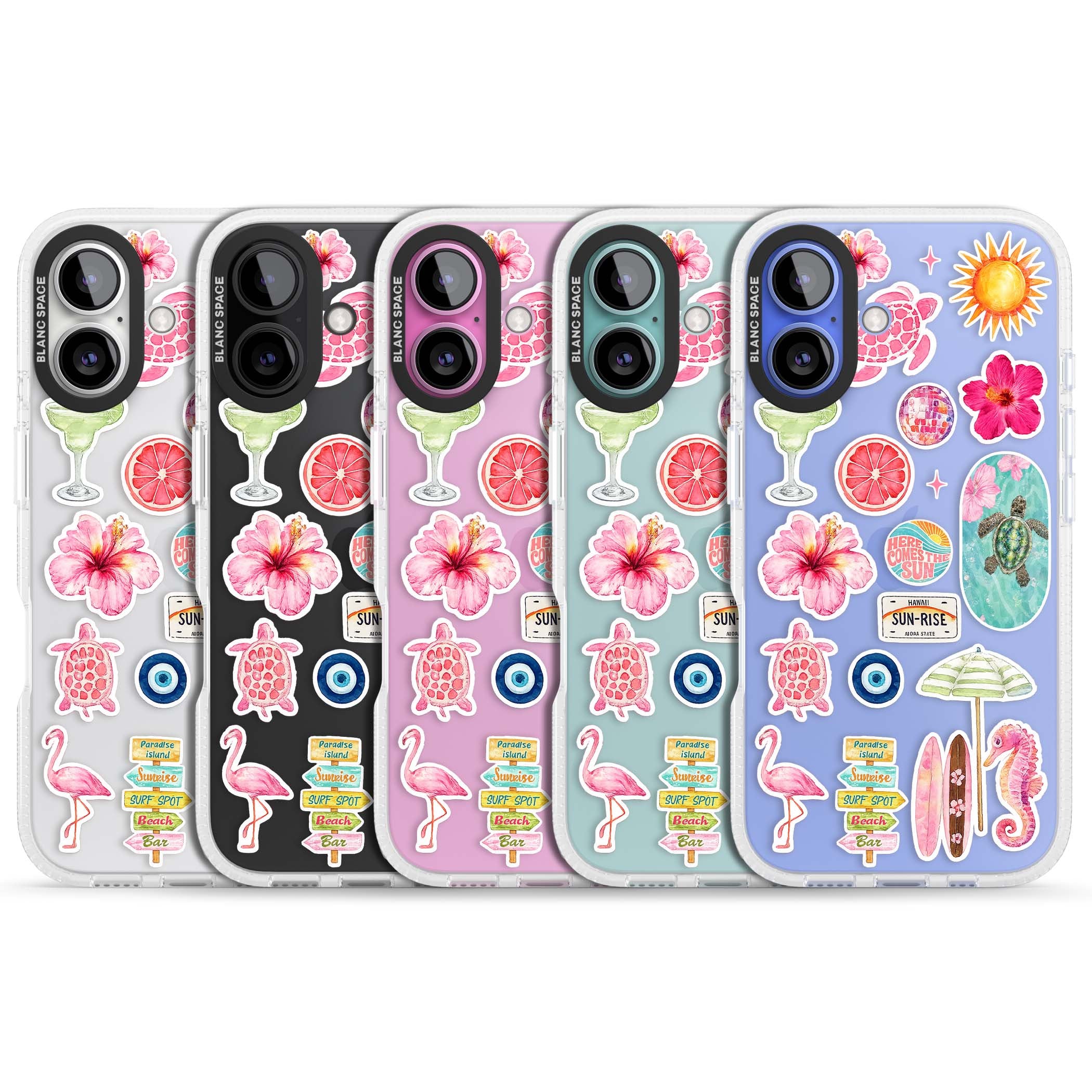 Aloha Sticker Mix tropical summer iPhone case featuring pink hibiscus, sea turtles, flamingo and beach umbrella stickers | Clear Case Impact Air case for iPhone 16, iPhone 16 Plus