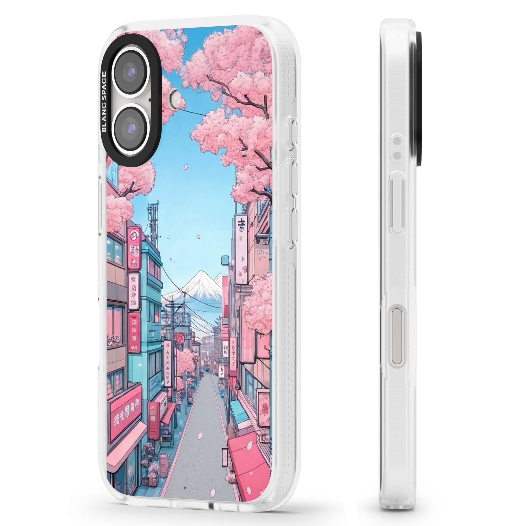 Sakura Lane anime iPhone case featuring Tokyo street scene with cherry blossoms and Mount Fuji | Clear Case Impact Air case for iPhone 16, iPhone 16 Plus