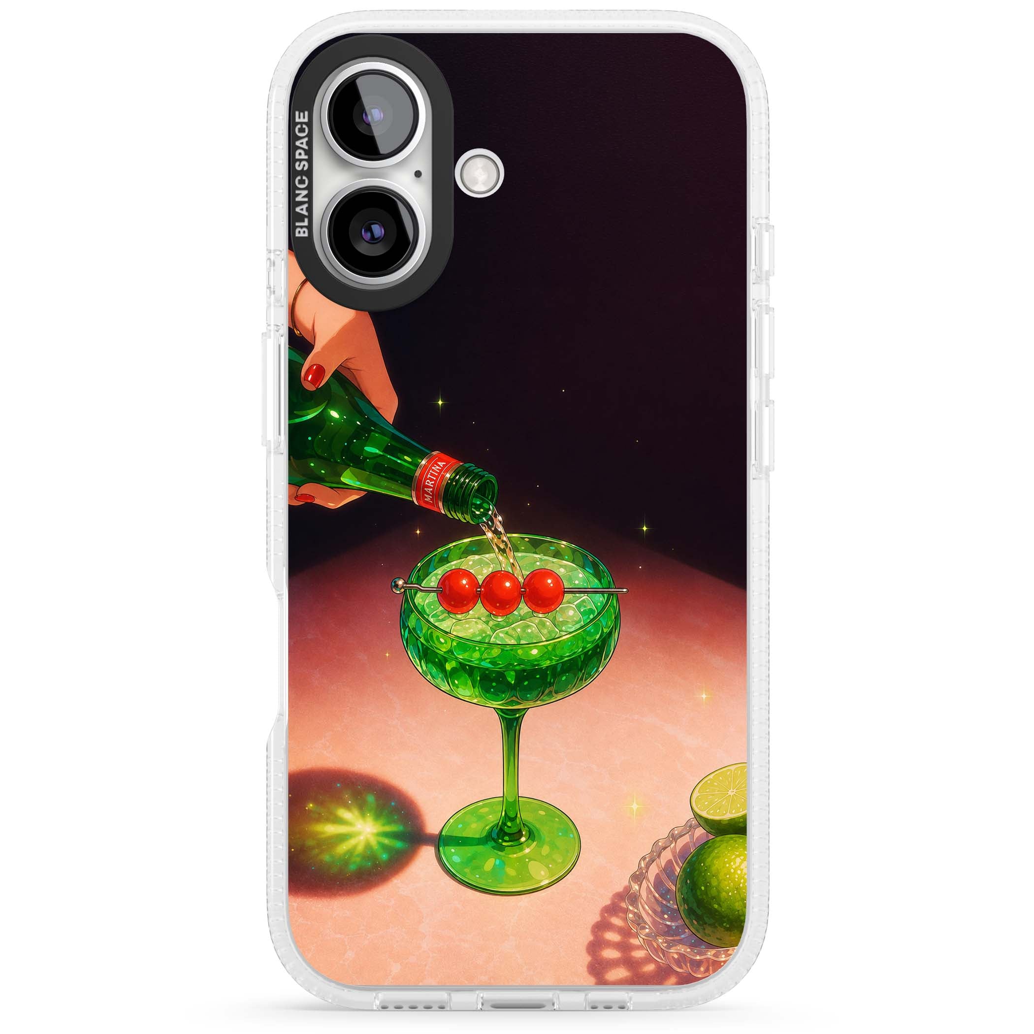 Absinthe Hour cocktail iPhone case featuring a green coupe glass, cherry garnish and vintage bottle pour illustration | Clear Case Impact Air case for iPhone 16, iPhone 16 Plus