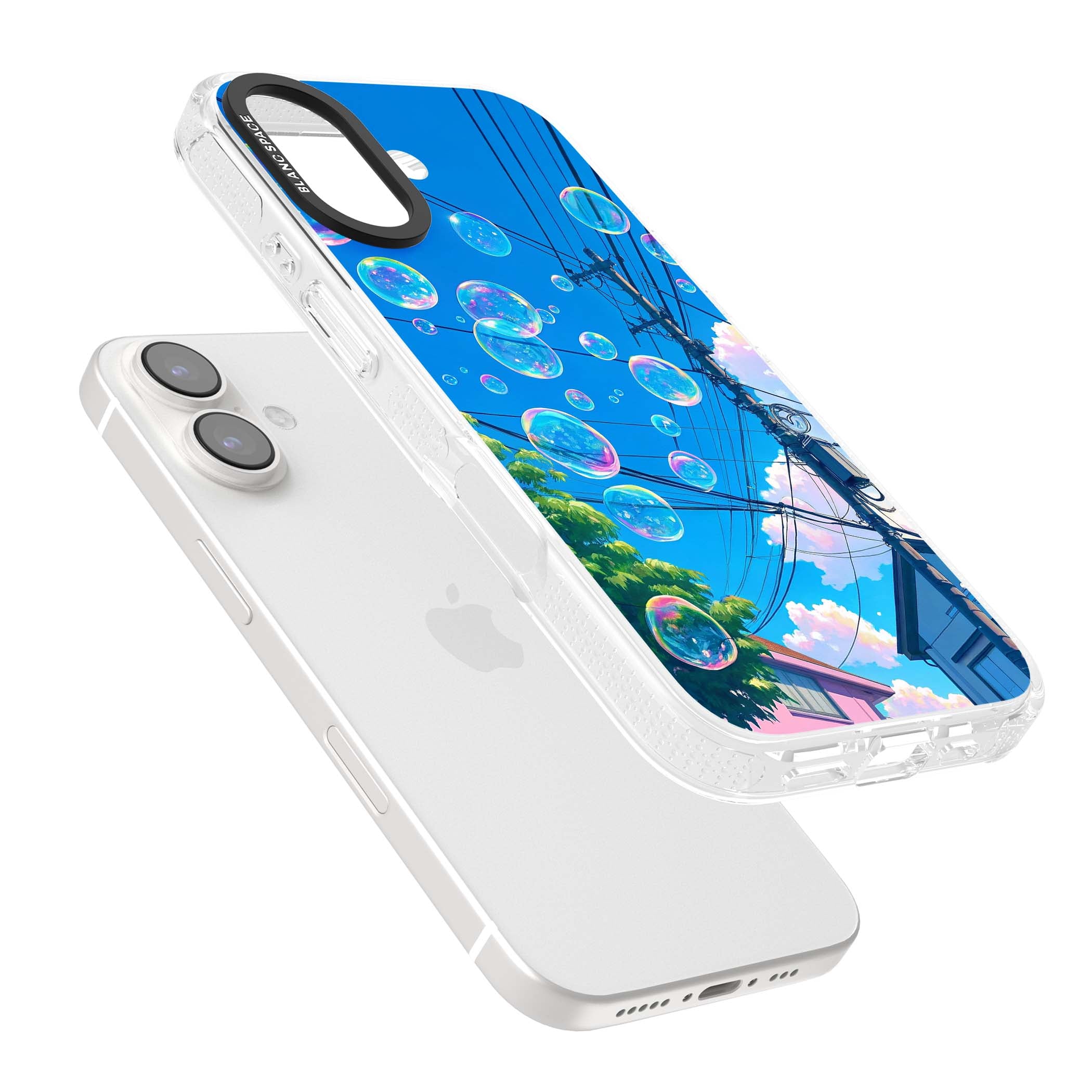 Suburban Bubbles anime iPhone case featuring iridescent soap bubbles, blue sky and Japanese telephone wires | Clear Case Impact Air case for iPhone 16, iPhone 16 Plus