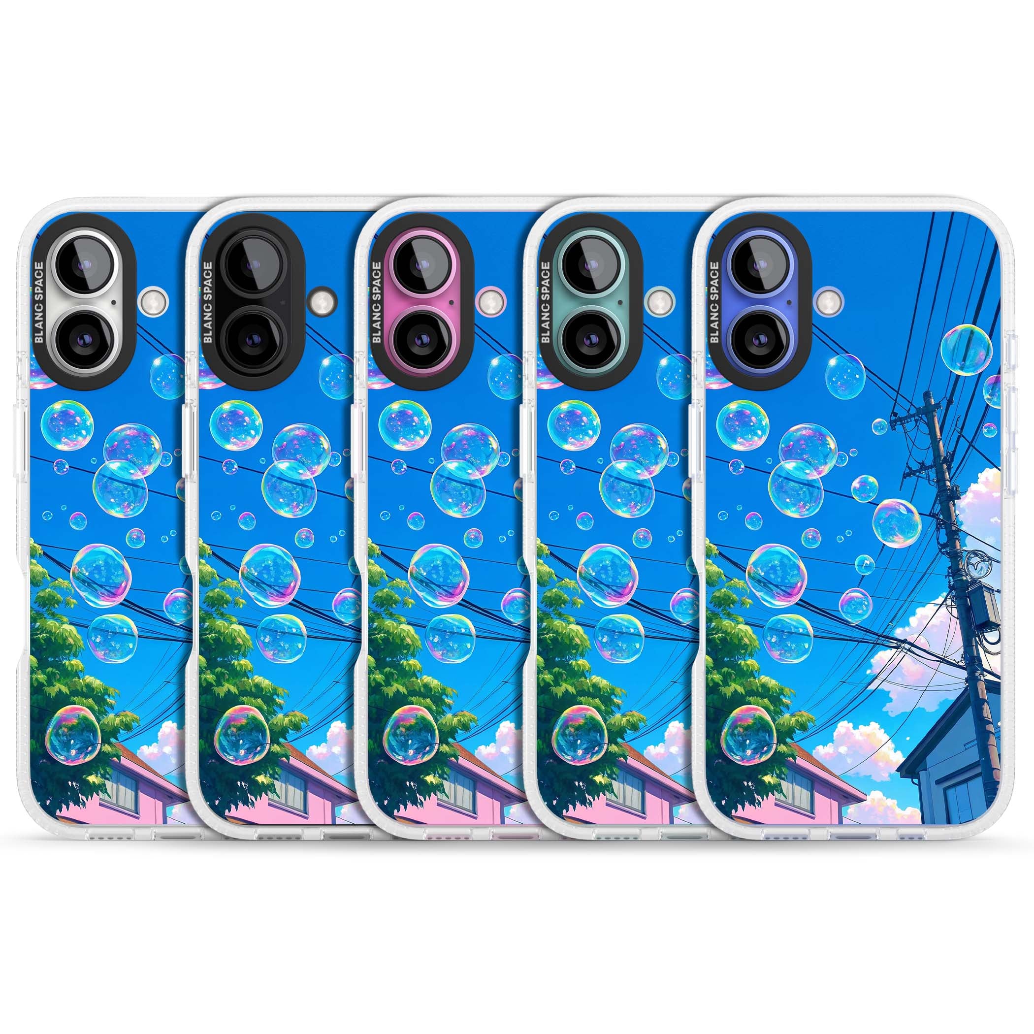 Suburban Bubbles anime iPhone case featuring iridescent soap bubbles, blue sky and Japanese telephone wires | Clear Case Impact Air case for iPhone 16, iPhone 16 Plus