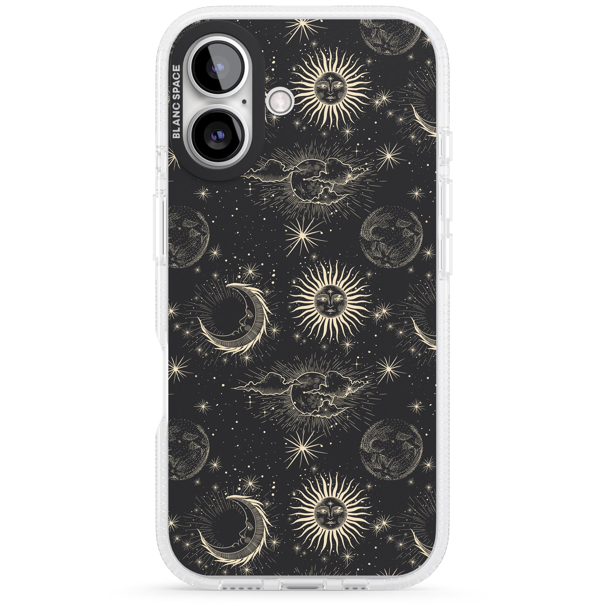Large Suns, Moons & Clouds Astrological iPhone 16 / 16 Plus Clear Case Impact Air - Blanc Space
