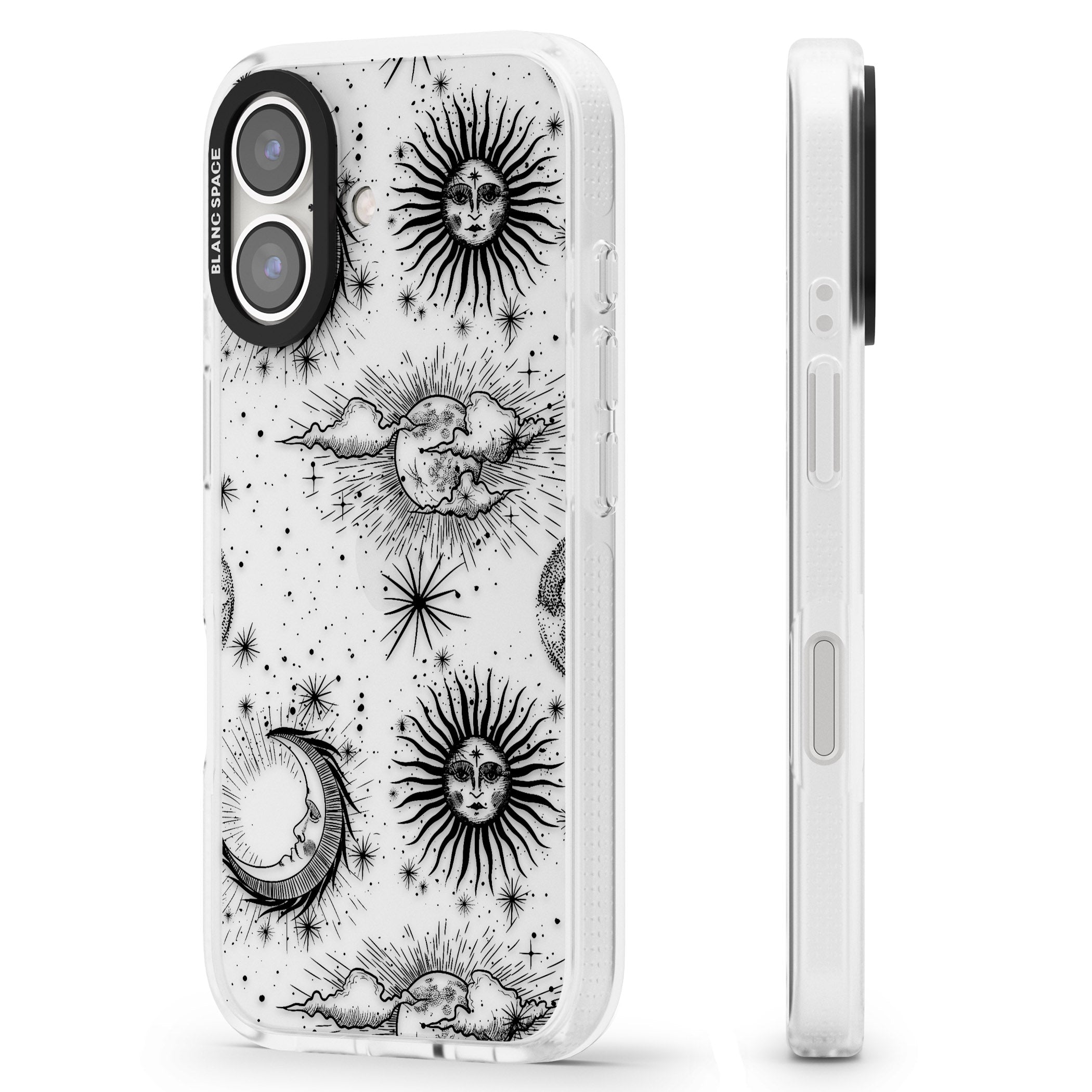 Transparent Suns, Moons & Clouds iPhone 16 / 16 Plus Clear Case Impact Air - Blanc Space