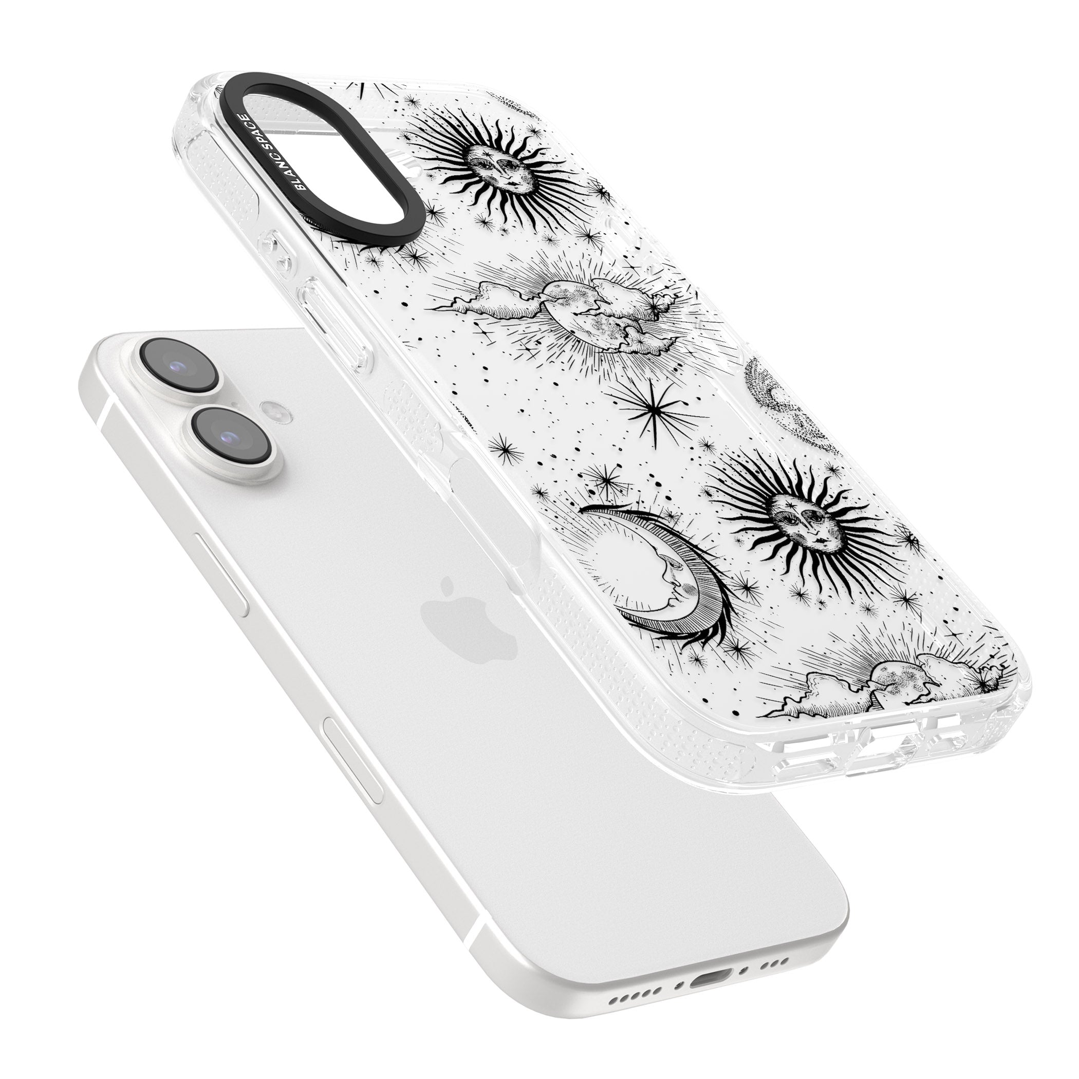 Transparent Suns, Moons & Clouds iPhone 16 / 16 Plus Clear Case Impact Air - Blanc Space