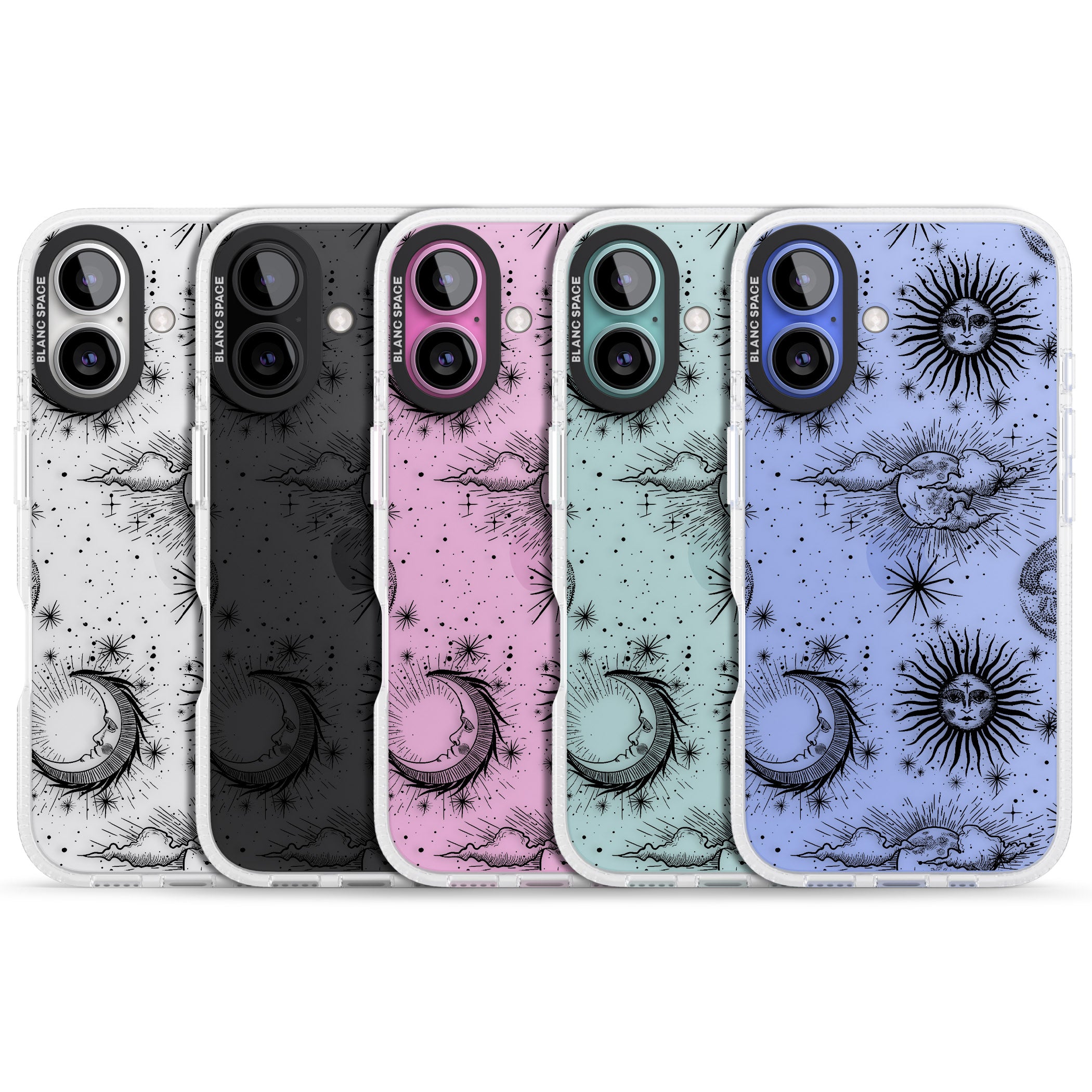 Transparent Suns, Moons & Clouds iPhone 16 / 16 Plus Clear Case Impact Air - Blanc Space