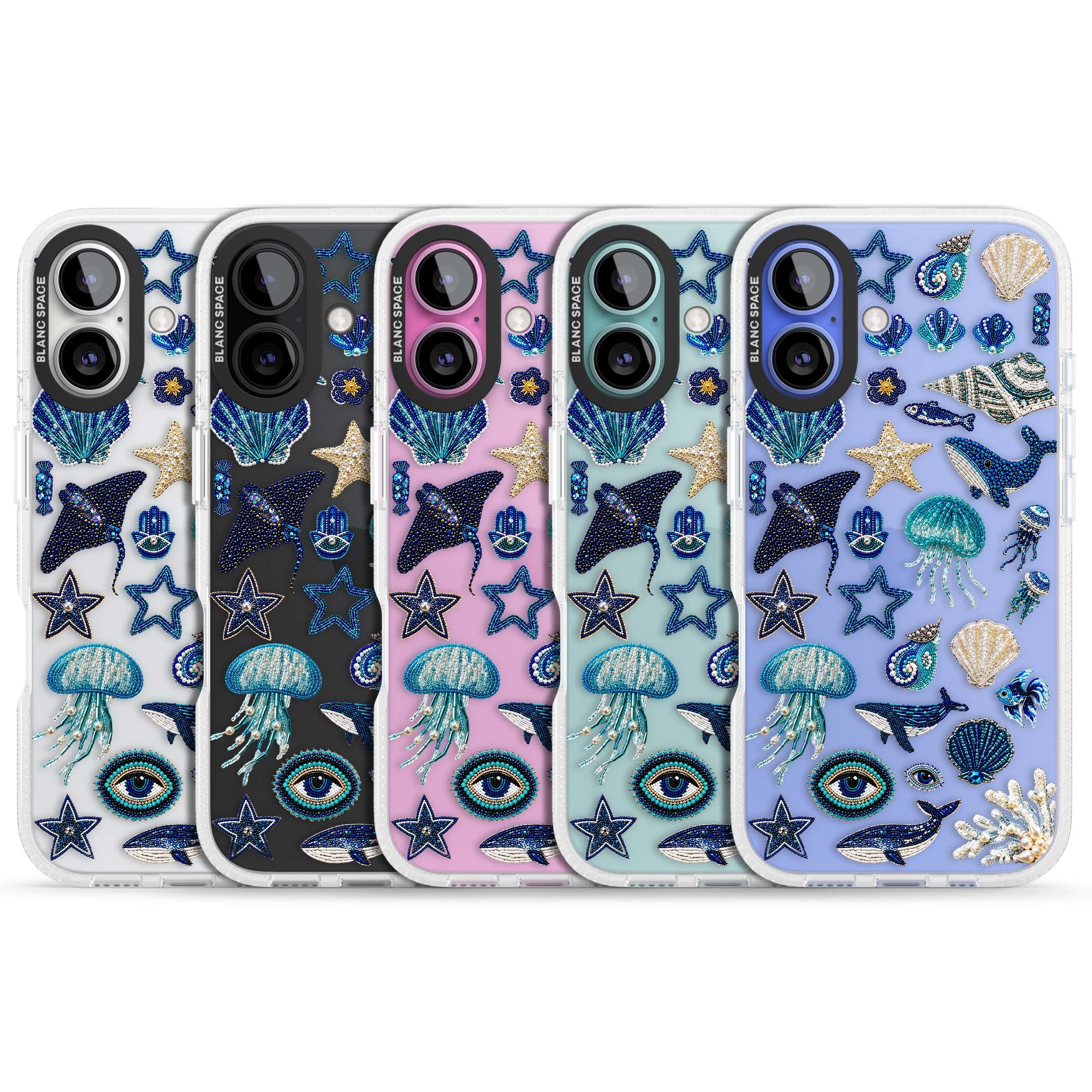 Beaded Coastal coastal iPhone case featuring embroidered seashells, jellyfish and a blue whale on clear | Clear Case Impact Air case for iPhone 16, iPhone 16 Plus