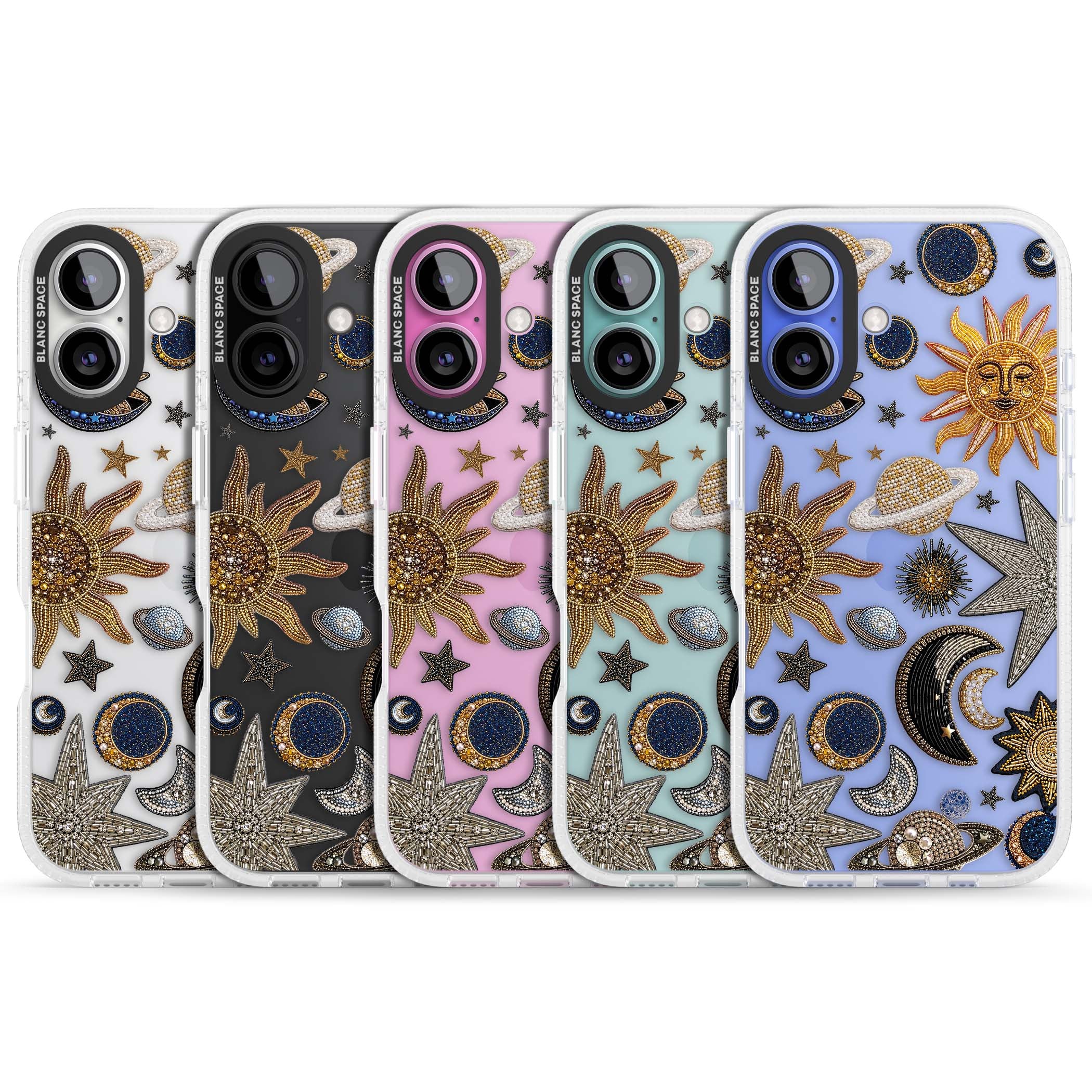 Beaded Cosmos celestial iPhone case featuring embroidered golden suns, beaded planets and silver shooting stars | Clear Case Impact Air case for iPhone 16, iPhone 16 Plus