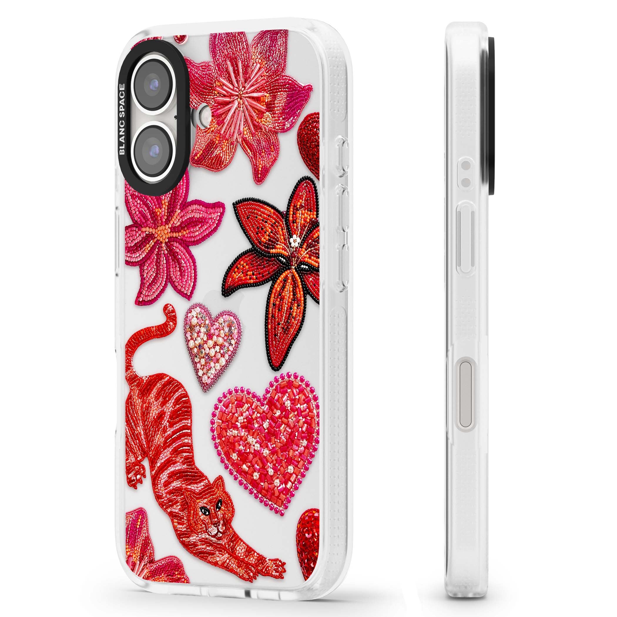 Beaded Boho floral iPhone case featuring beaded red lilies, a stitched tiger, and pearl-encrusted hearts on clear | Clear Case Impact Air case for iPhone 16, iPhone 16 Plus