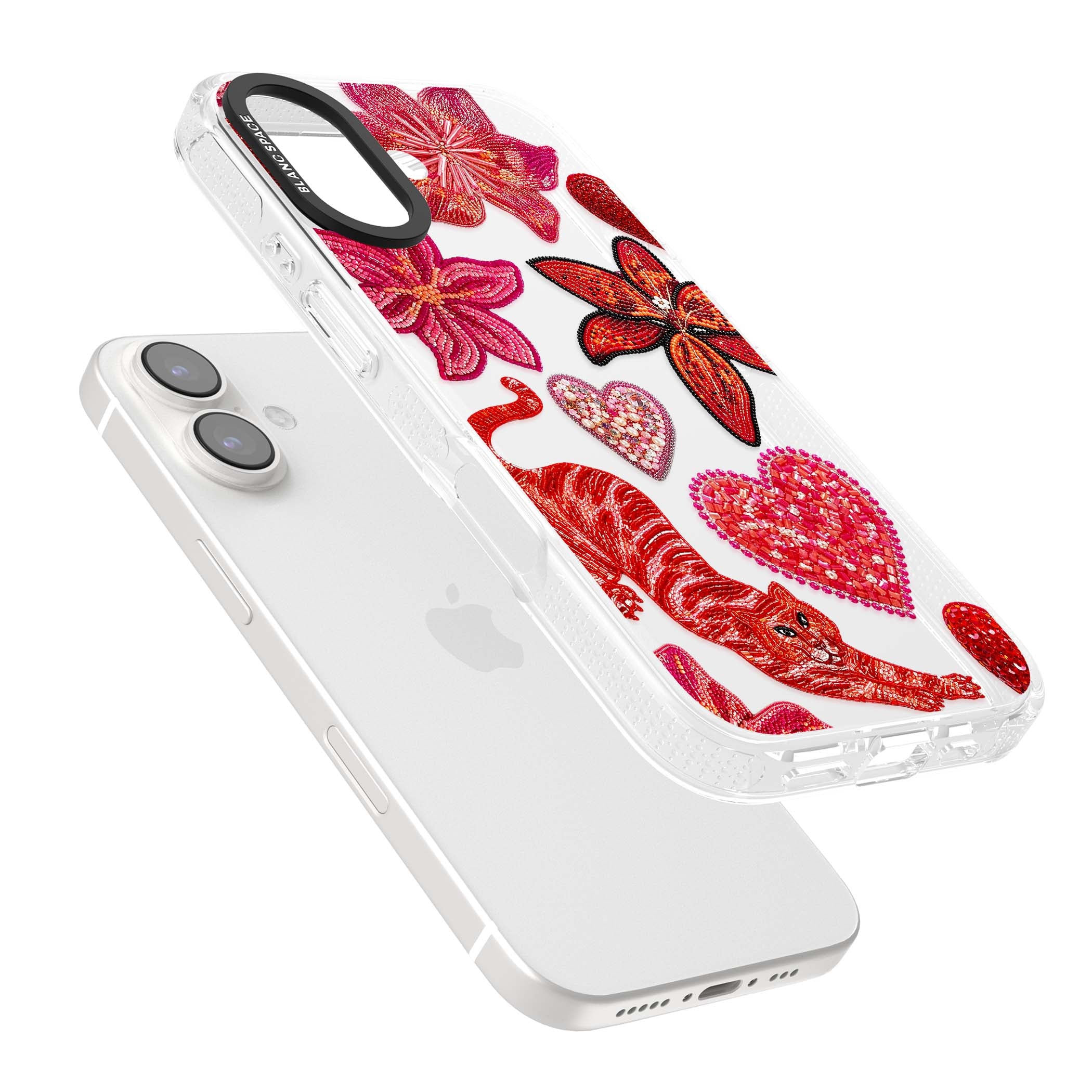 Beaded Boho floral iPhone case featuring beaded red lilies, a stitched tiger, and pearl-encrusted hearts on clear | Clear Case Impact Air case for iPhone 16, iPhone 16 Plus