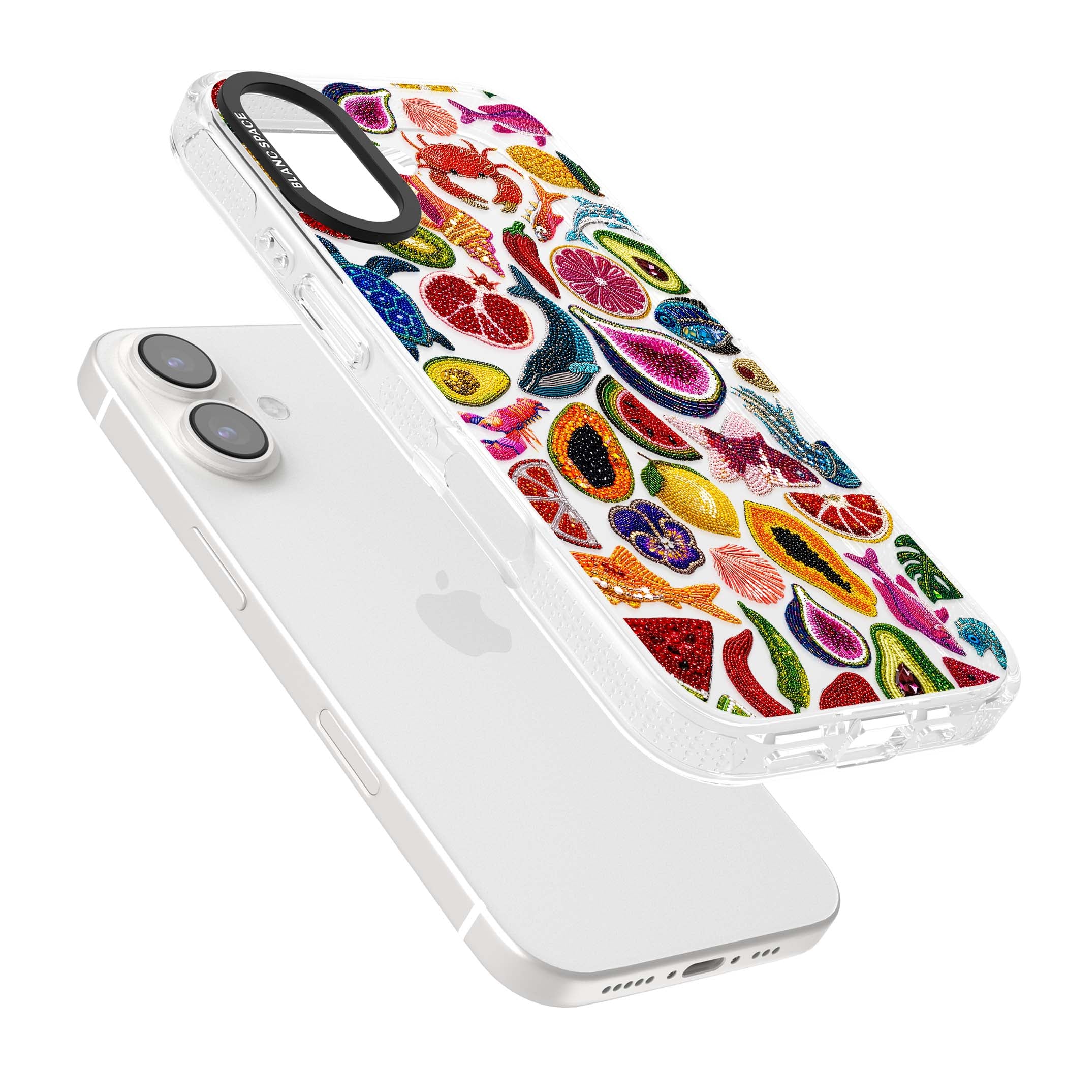 Beaded Tropic tropical iPhone case featuring beaded fruit, fish, crabs and seashells in vibrant colour | Clear Case Impact Air case for iPhone 16, iPhone 16 Plus