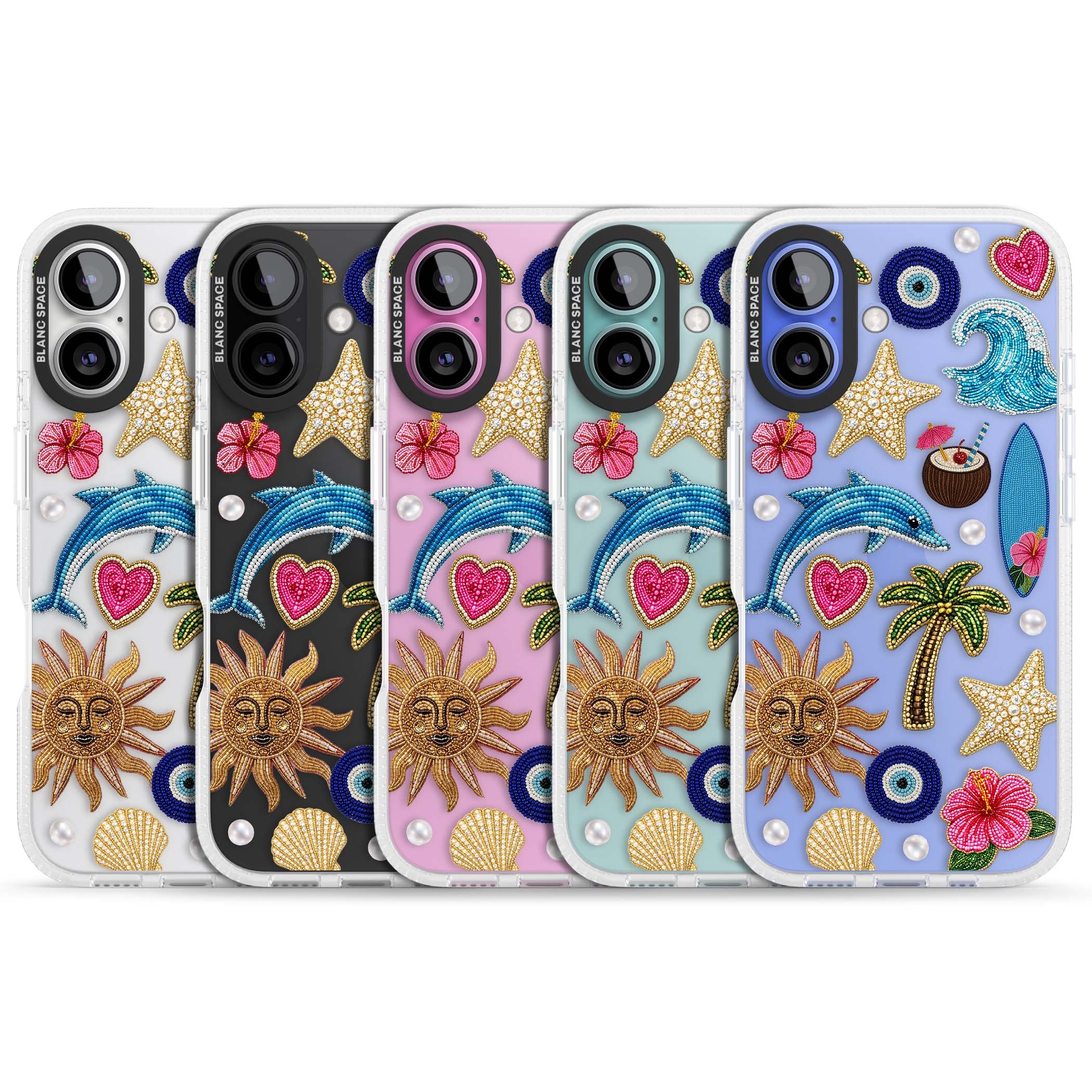 Beaded Beach coastal summer iPhone case featuring embroidered evil eye, hibiscus flowers, dolphin and palm tree patches | Clear Case Impact Air case for iPhone 16, iPhone 16 Plus