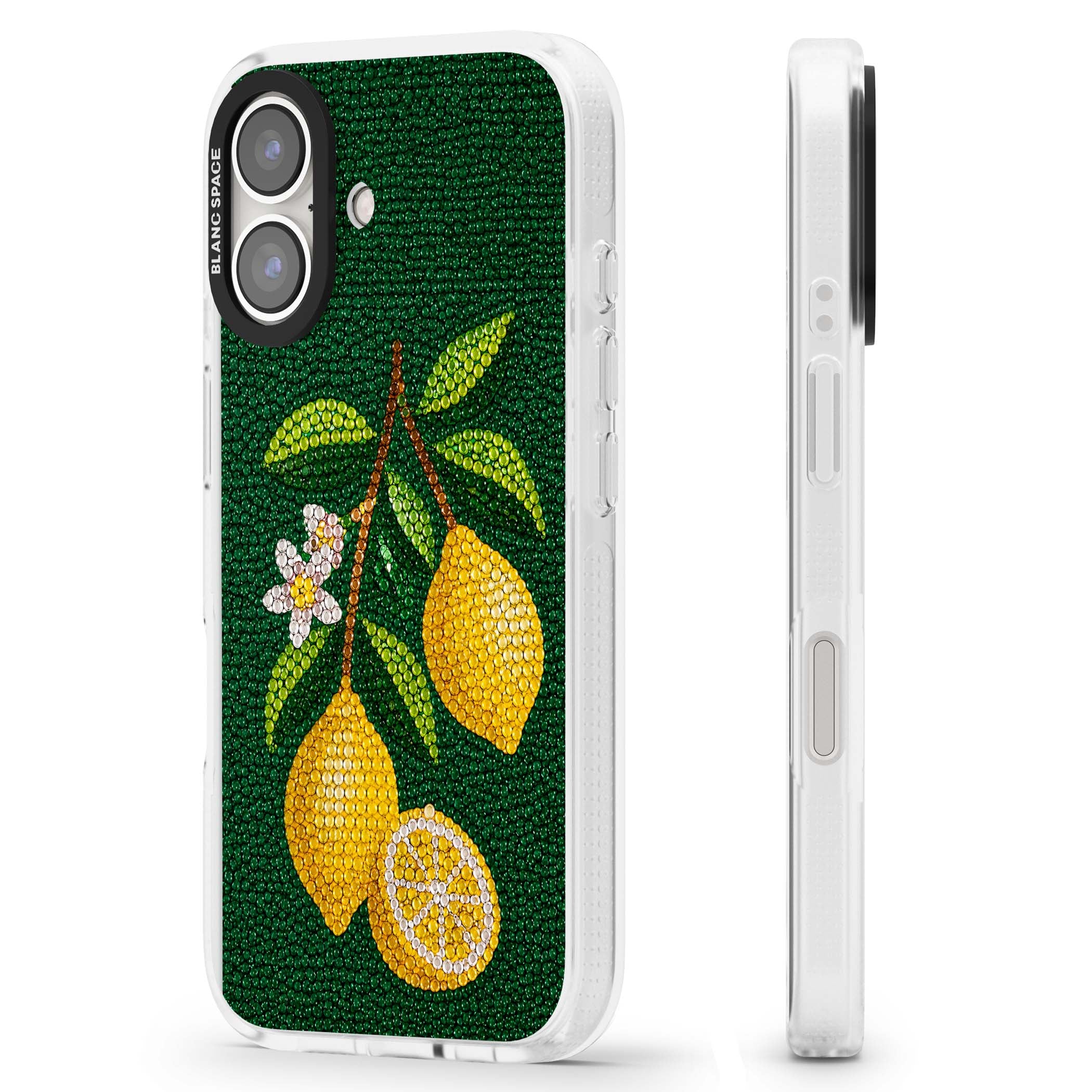 Beaded Lemons coastal iPhone case featuring crystal-beaded lemons, citrus blossom and green leaves on emerald ground | Clear Case Impact Air case for iPhone 16, iPhone 16 Plus