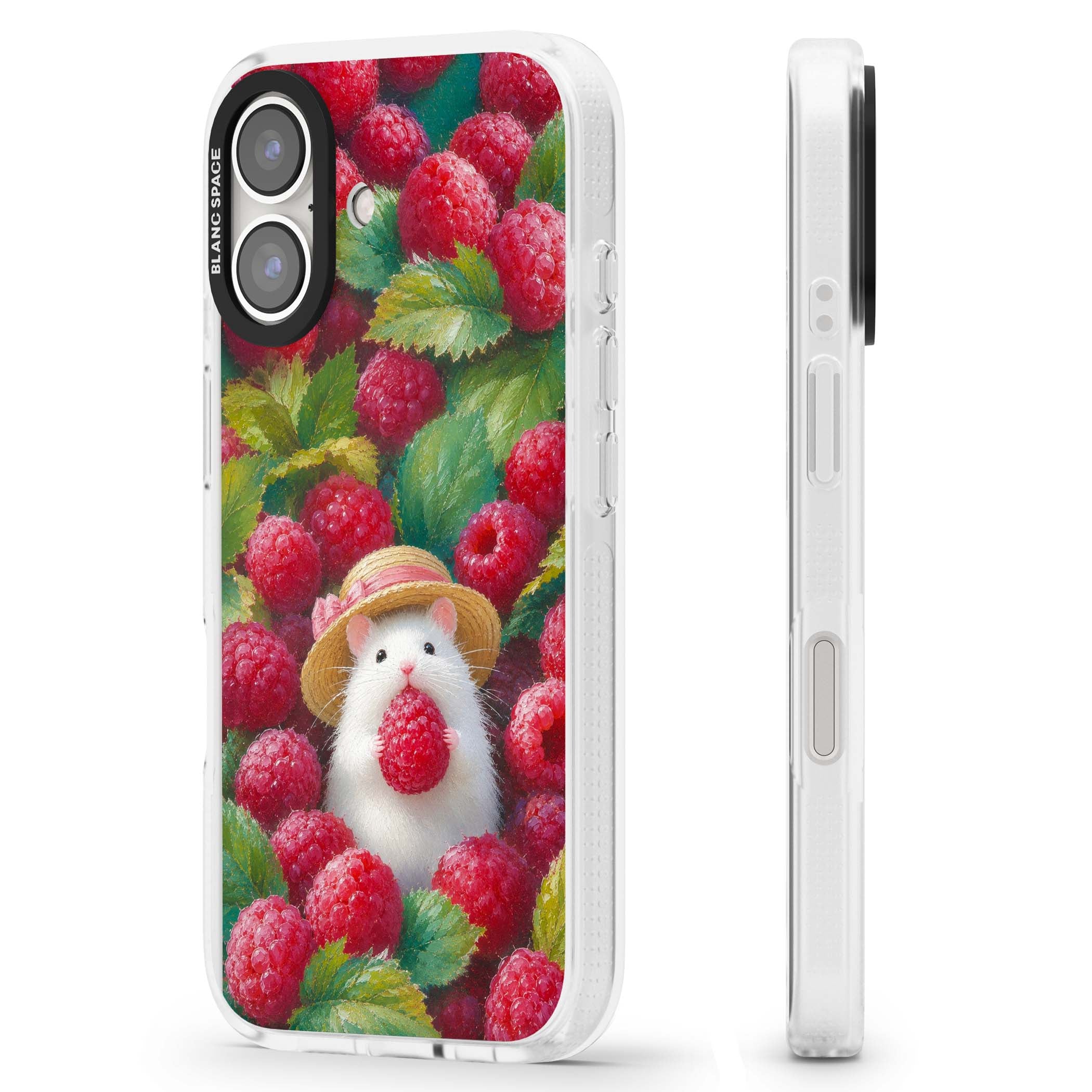 Berry Forager cottagecore iPhone case featuring a white hamster in a straw hat holding a raspberry surrounded by ripe ber | Clear Case Impact Air case for iPhone 16, iPhone 16 Plus