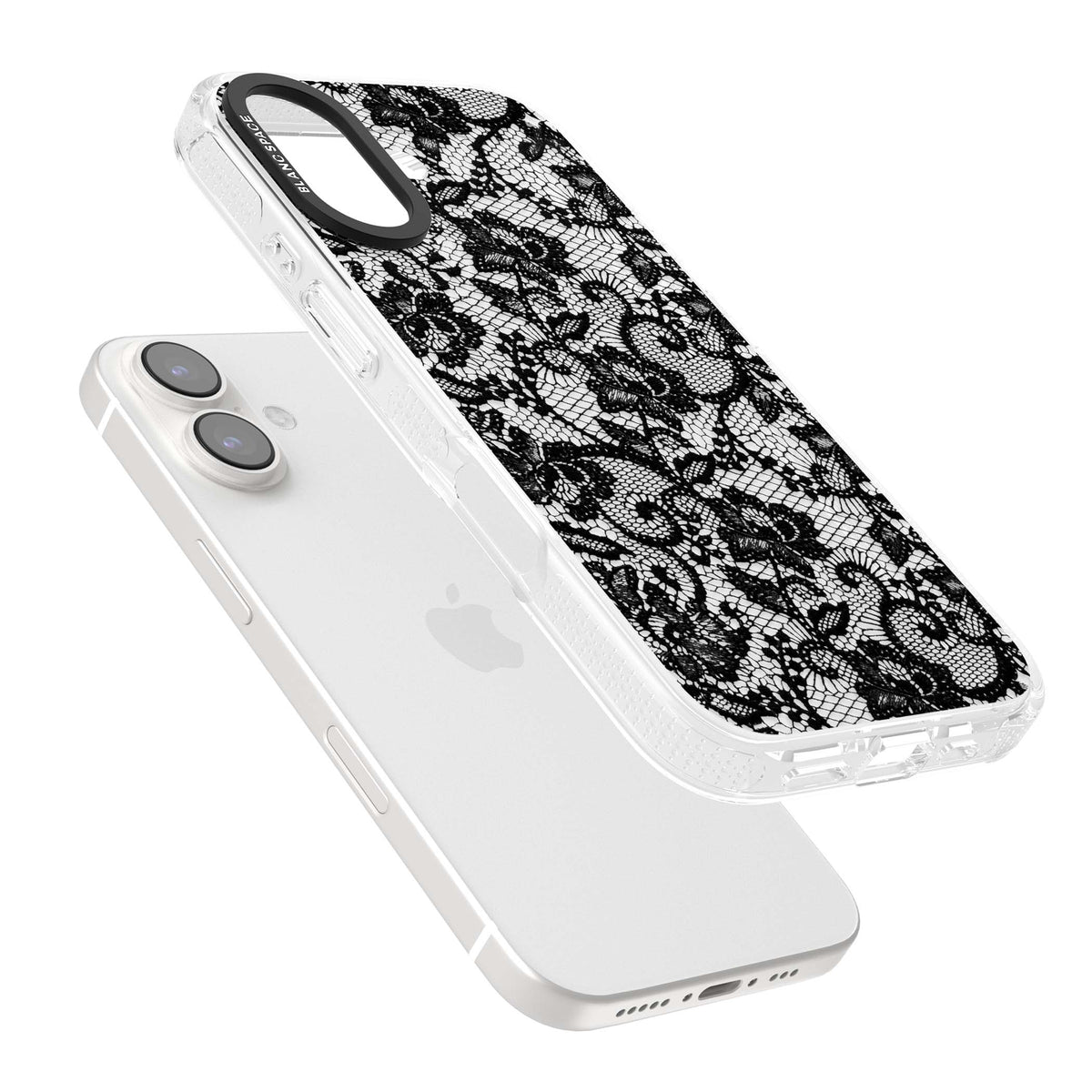 Black Lace gothic iPhone case featuring intricate black floral lace pattern with vintage whimsigoth detail | Clear Case Impact Air case for iPhone 16, iPhone 16 Plus