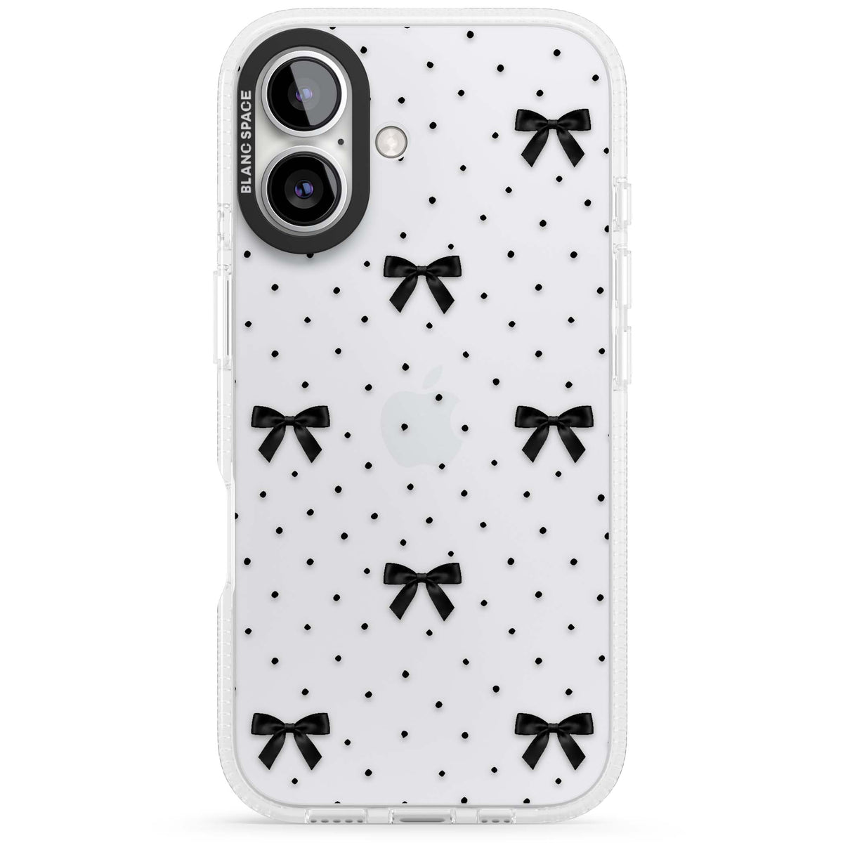 Black Polka Bows coquette iPhone case featuring scattered black satin bows and tiny polka dots on a clear base | Clear Case Impact Air case for iPhone 16, iPhone 16 Plus