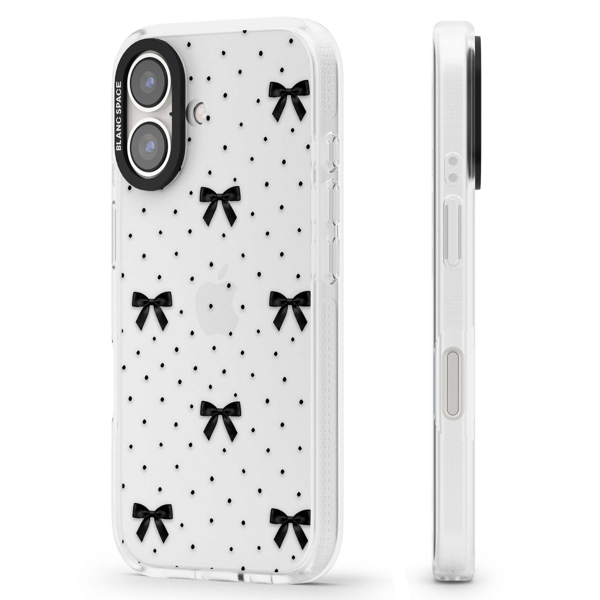 Black Polka Bows coquette iPhone case featuring scattered black satin bows and tiny polka dots on a clear base | Clear Case Impact Air case for iPhone 16, iPhone 16 Plus