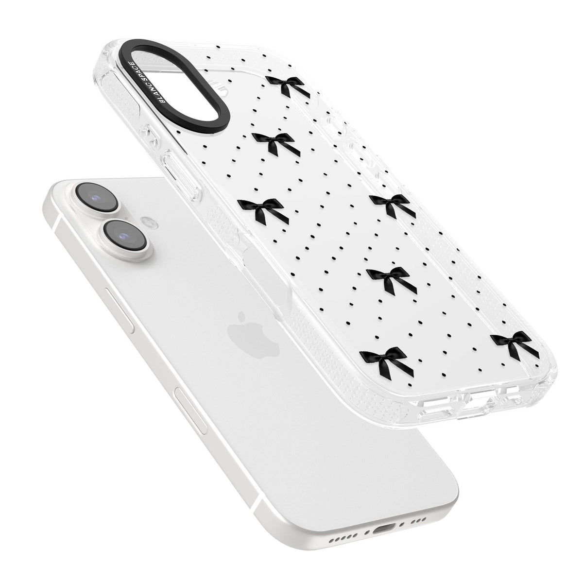 Black Polka Bows coquette iPhone case featuring scattered black satin bows and tiny polka dots on a clear base | Clear Case Impact Air case for iPhone 16, iPhone 16 Plus