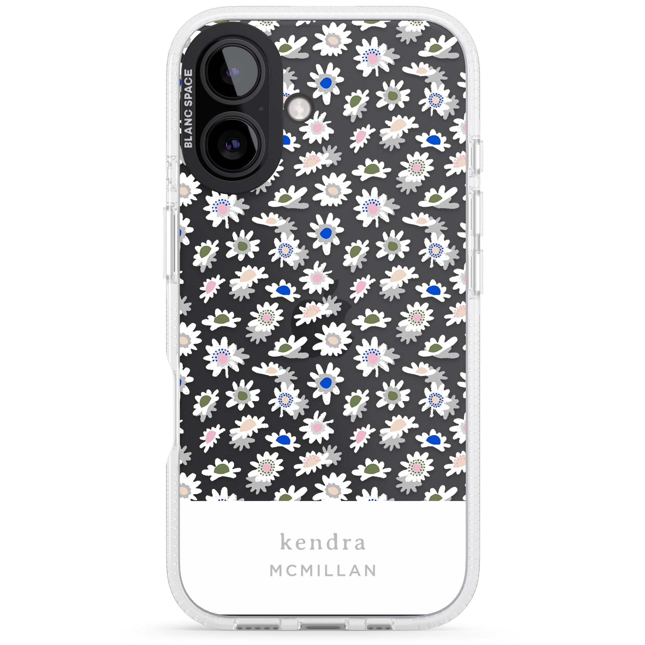 Personalised Grey & White Daisies Floral Design iPhone 16 / 16 Plus Clear Case Impact Air - Blanc Space