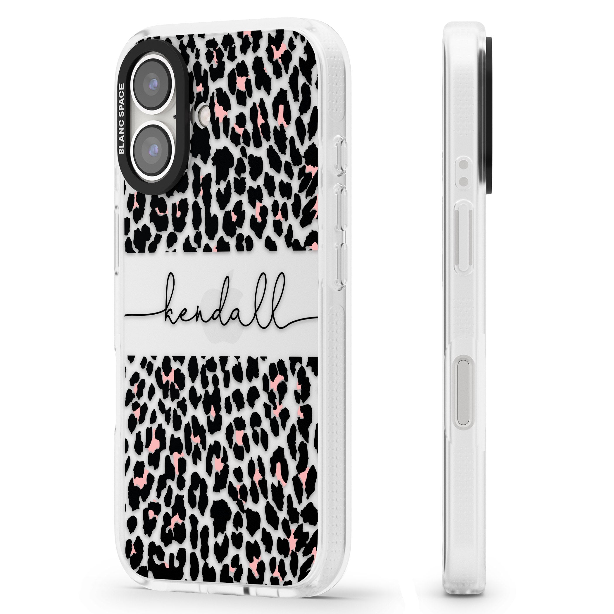 Personalised Pink & Cursive Leopard Spots iPhone 16 / 16 Plus Clear Case Impact Air - Blanc Space