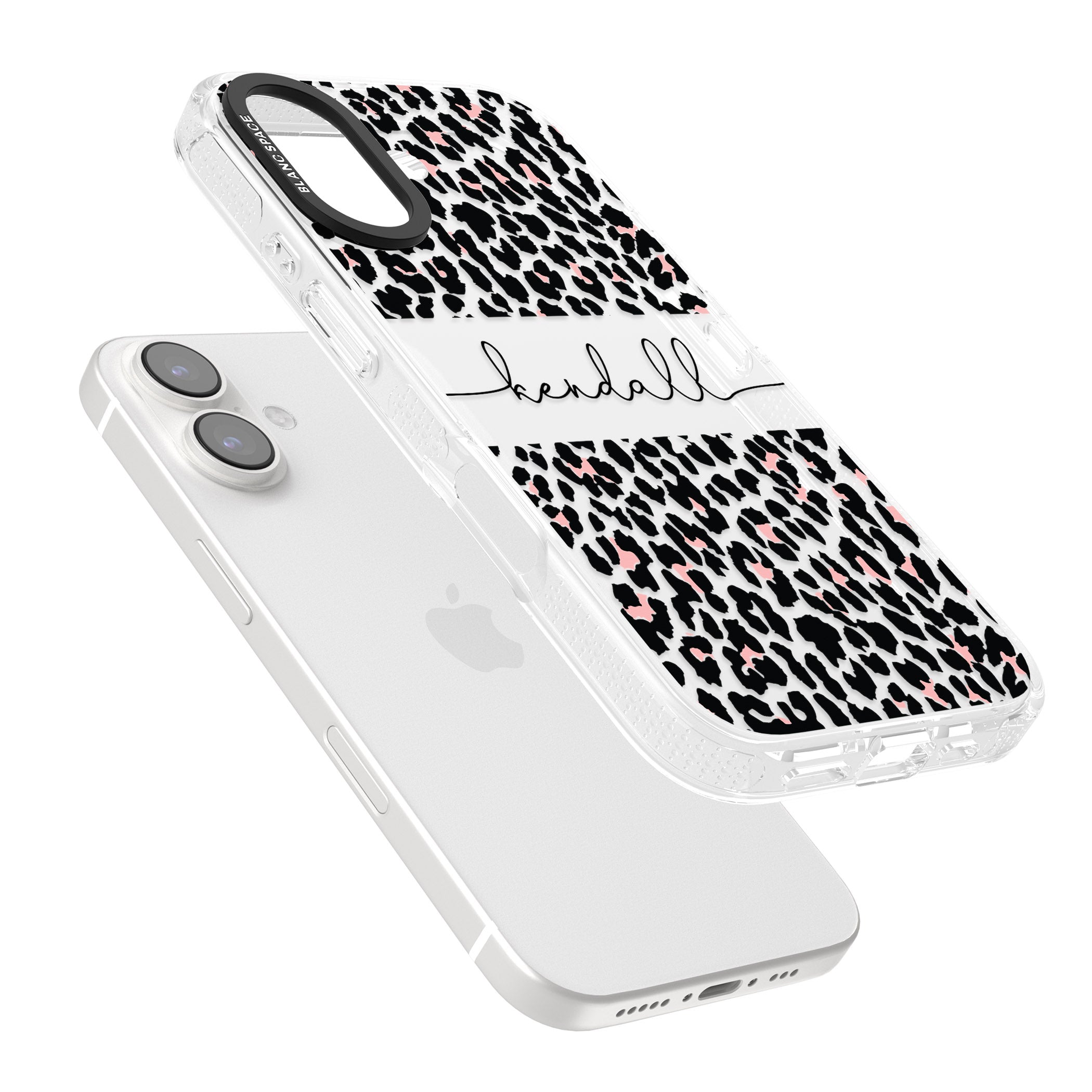 Personalised Pink & Cursive Leopard Spots iPhone 16 / 16 Plus Clear Case Impact Air - Blanc Space