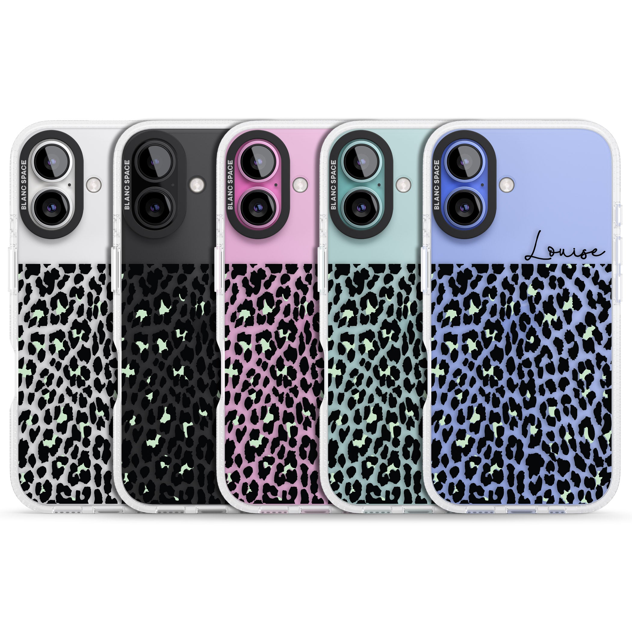 Personalised Seafoam Green & Cursive Leopard Spots iPhone 16 / 16 Plus Clear Case Impact Air - Blanc Space