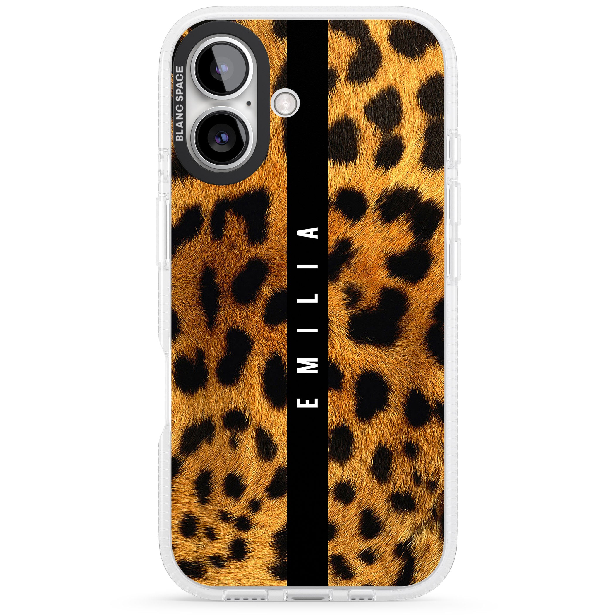 Personalised Leopard Print iPhone 16 / 16 Plus Clear Case Impact Air - Blanc Space