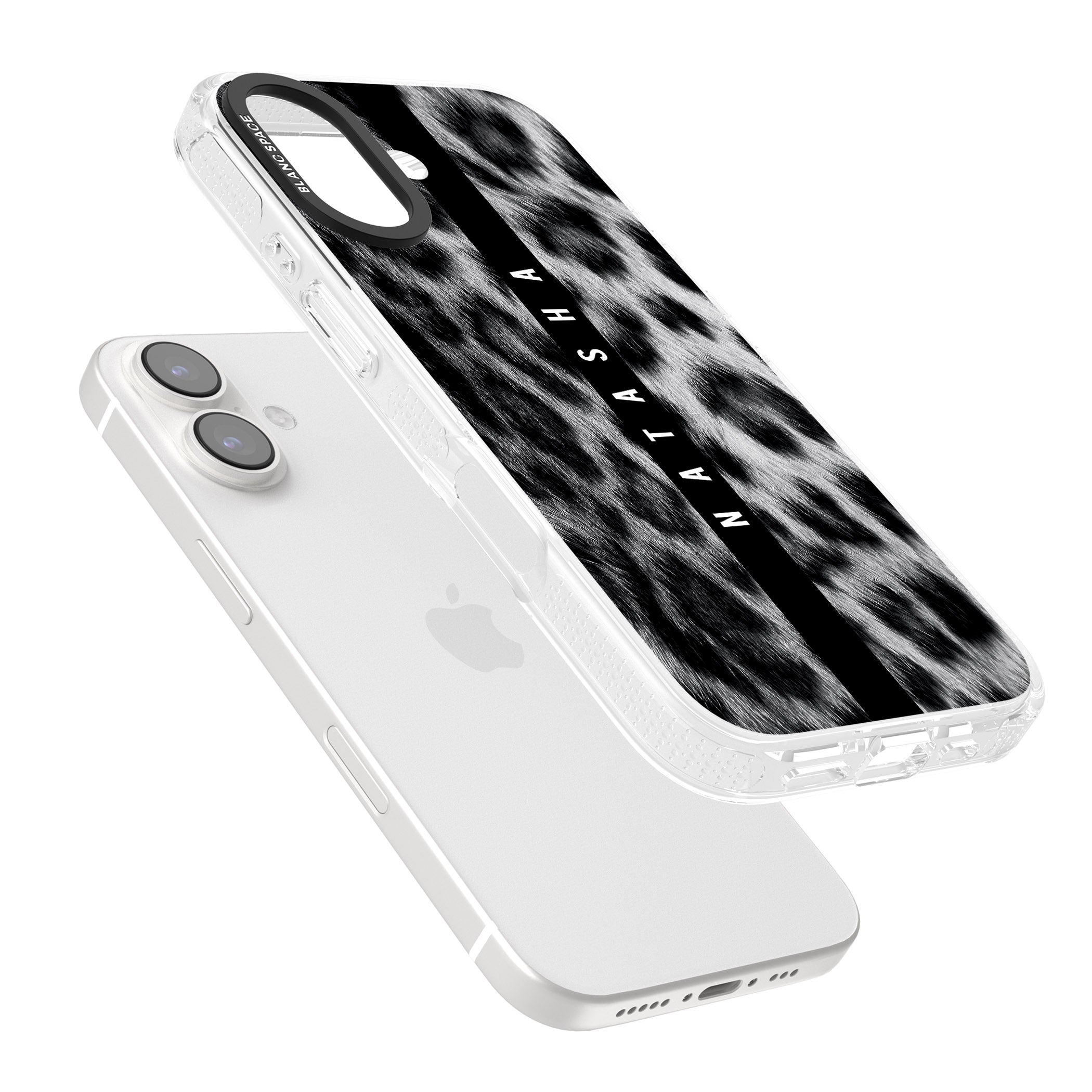 Personalised Snow Leopard Print iPhone 16 / 16 Plus Clear Case Impact Air - Blanc Space