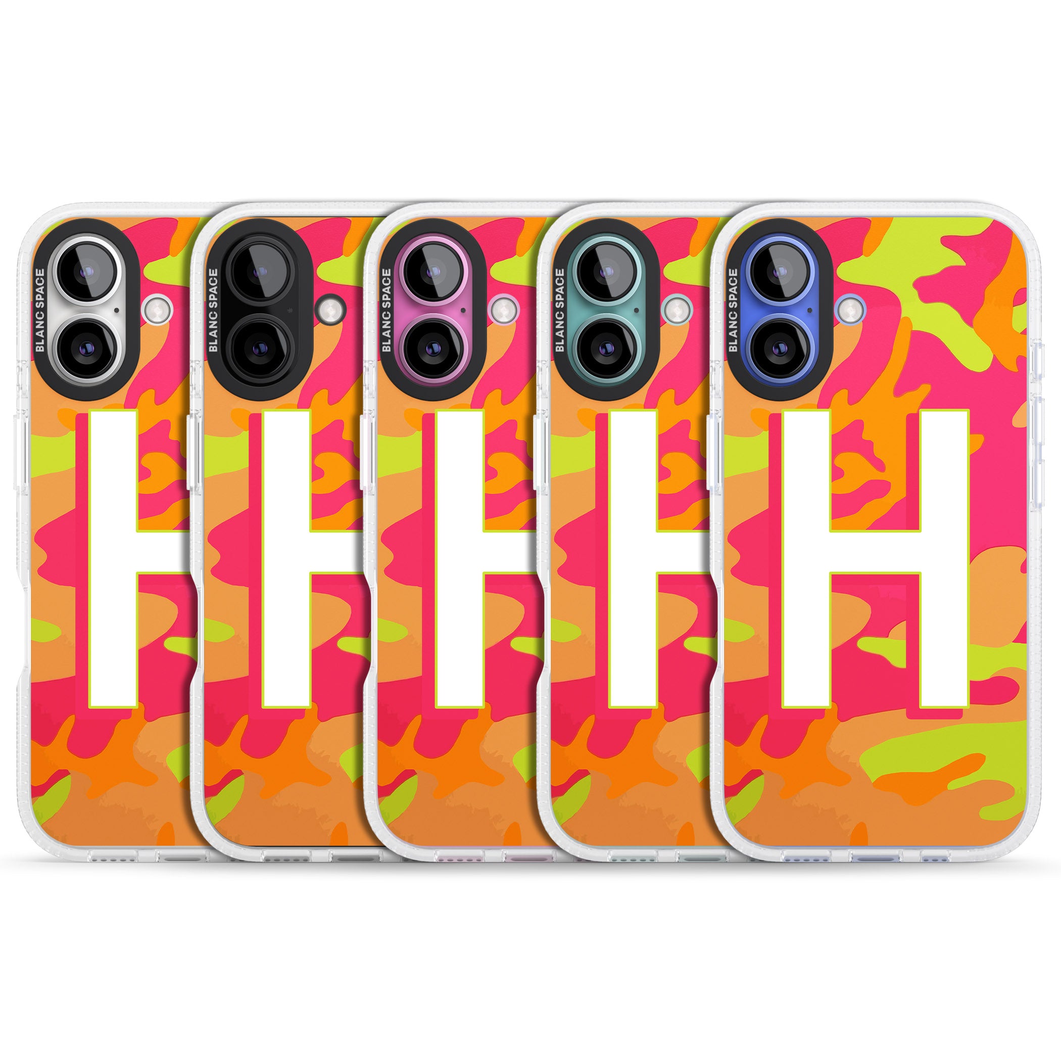 Personalised Bright Neon Camo Solid Monogram iPhone 16 / 16 Plus Clear Case Impact Air - Blanc Space