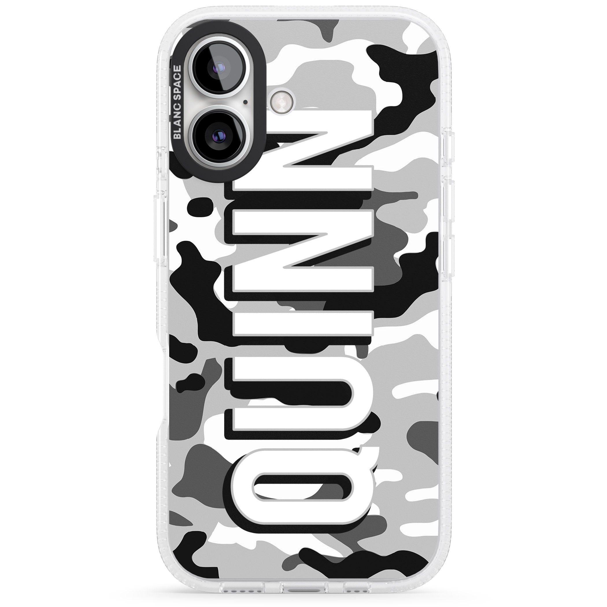 Personalised Greyscale Camo iPhone 16 / 16 Plus Clear Case Impact Air - Blanc Space