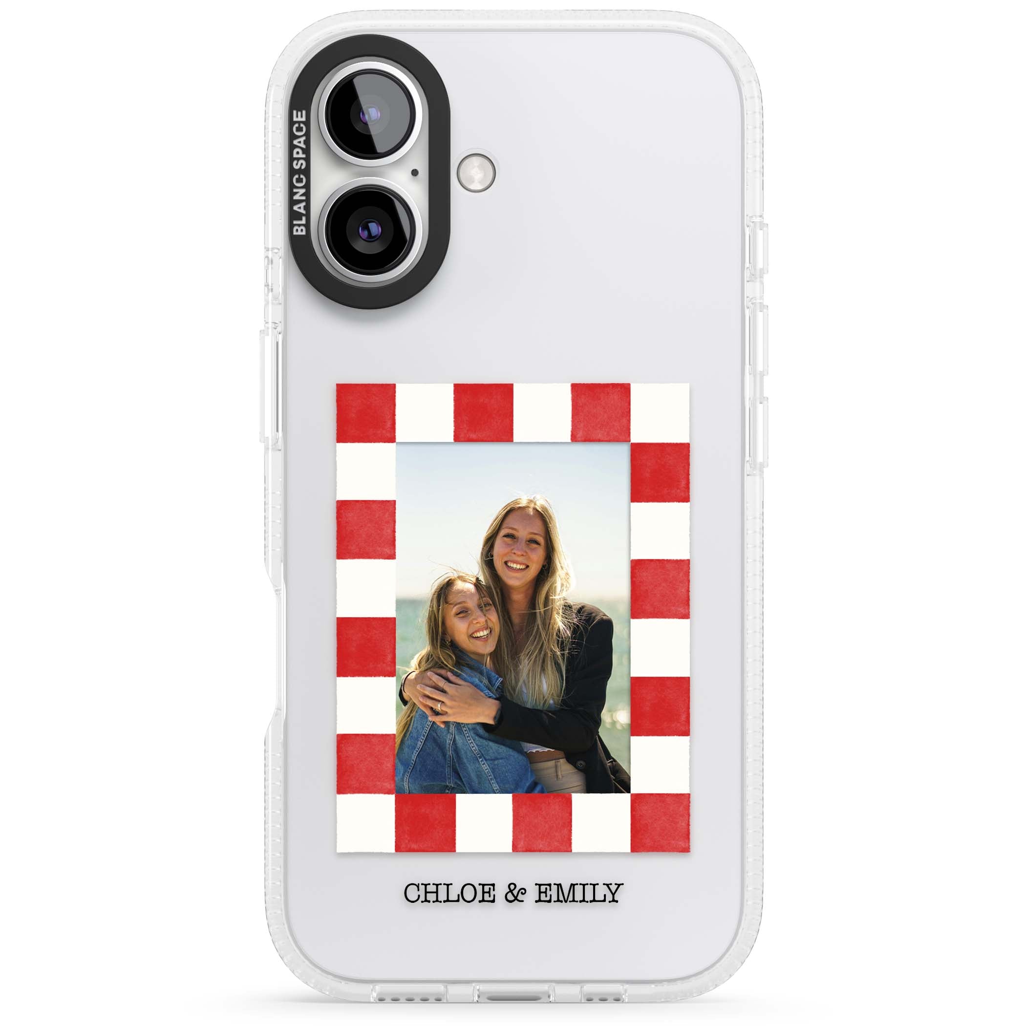 Red Check Photo personalised photo iPhone case with red and white checkered polaroid frame and custom couple name | Clear Case Impact Air case for iPhone 16, iPhone 16 Plus