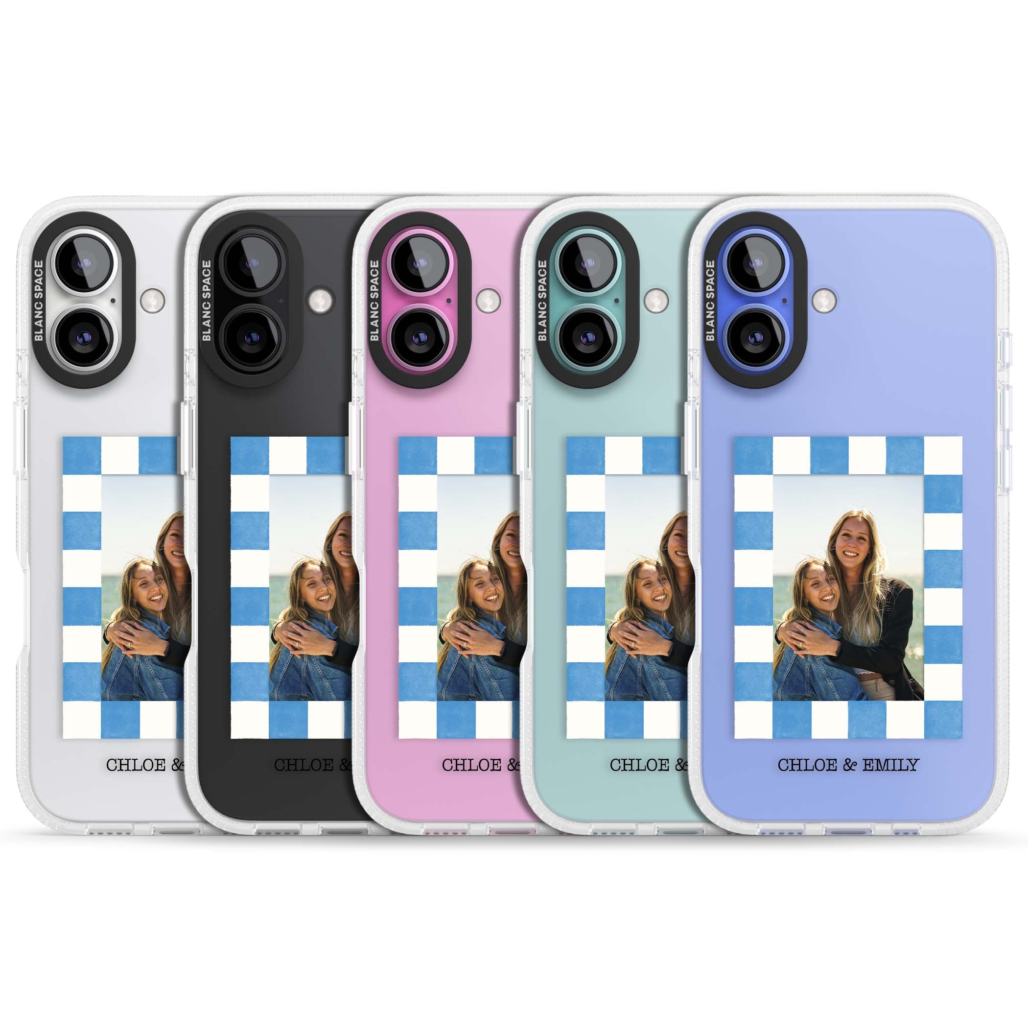 Blue Check Photo personalised photo iPhone case with blue checkered frame and custom couple names | Clear Case Impact Air case for iPhone 16, iPhone 16 Plus