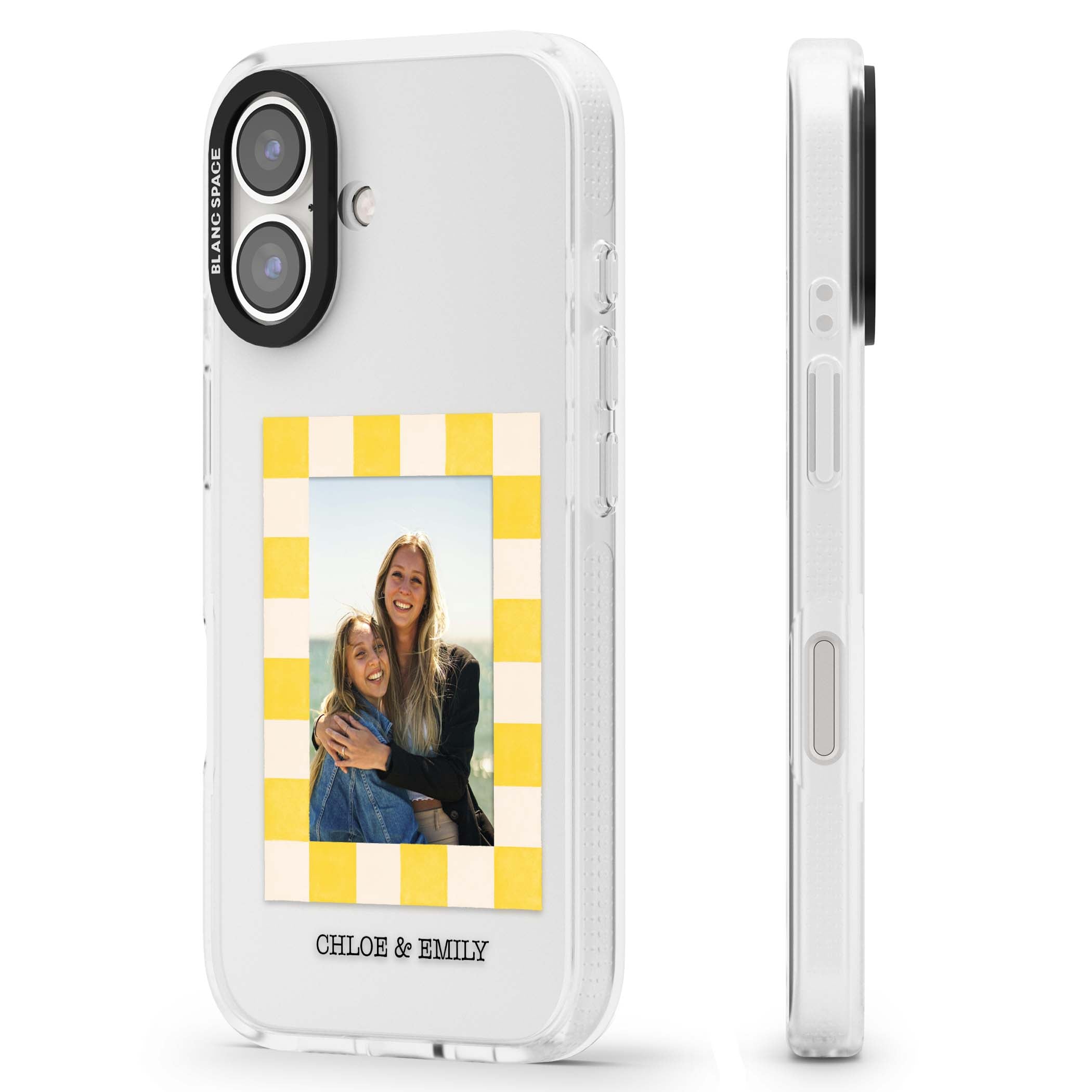 Yellow Check Photo personalised iPhone case with yellow checkered Polaroid frame and custom names beneath | Clear Case Impact Air case for iPhone 16, iPhone 16 Plus