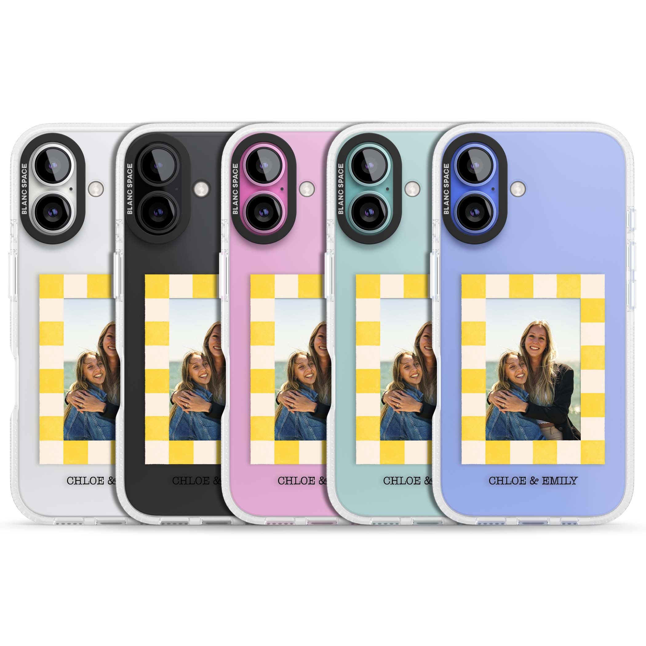 Yellow Check Photo personalised iPhone case with yellow checkered Polaroid frame and custom names beneath | Clear Case Impact Air case for iPhone 16, iPhone 16 Plus