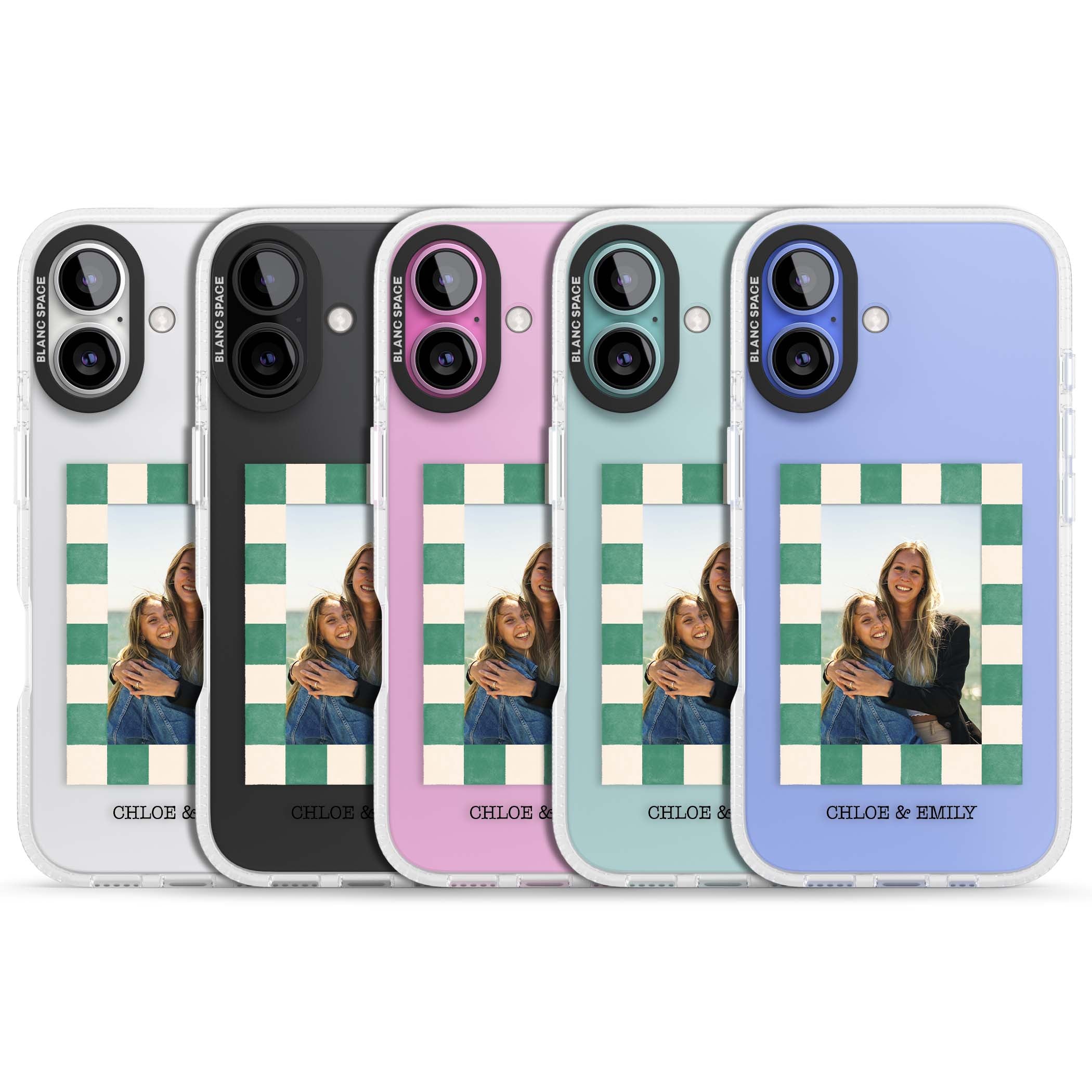 Seafoam Check Photo personalised iPhone case featuring a custom polaroid photo, green and cream checkered frame, and custom n | Clear Case Impact Air case for iPhone 16, iPhone 16 Plus