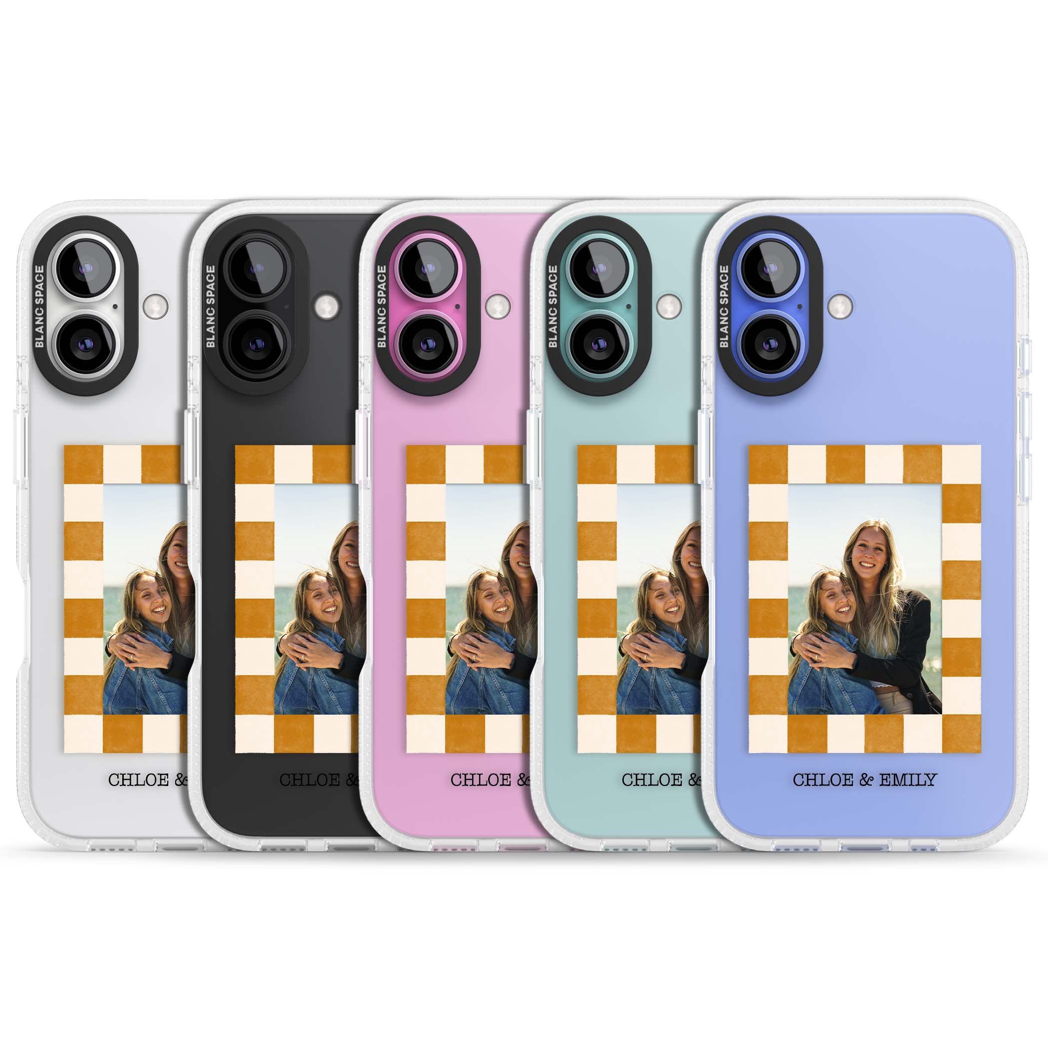 Citrus Check Photo personalised iPhone case with custom photo, orange checkered frame and names underneath | Clear Case Impact Air case for iPhone 16, iPhone 16 Plus