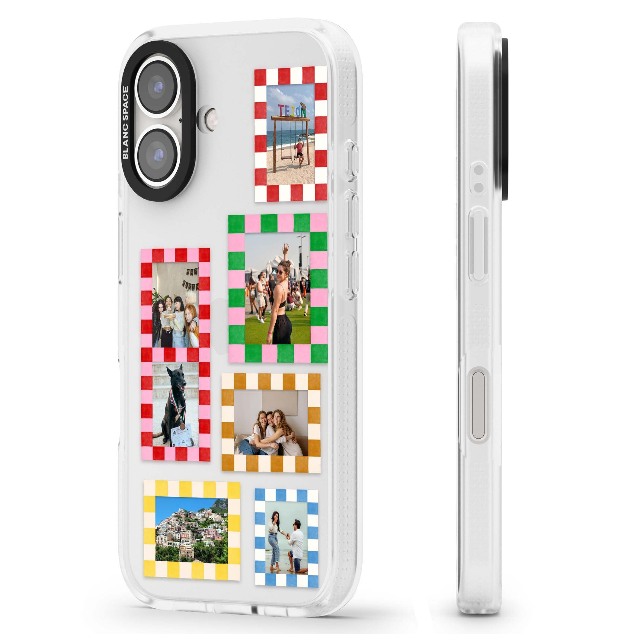 Italian Check Frames custom photo collage iPhone case featuring six checkered photo frames in red, green, pink and  | Clear Case Impact Air case for iPhone 16, iPhone 16 Plus