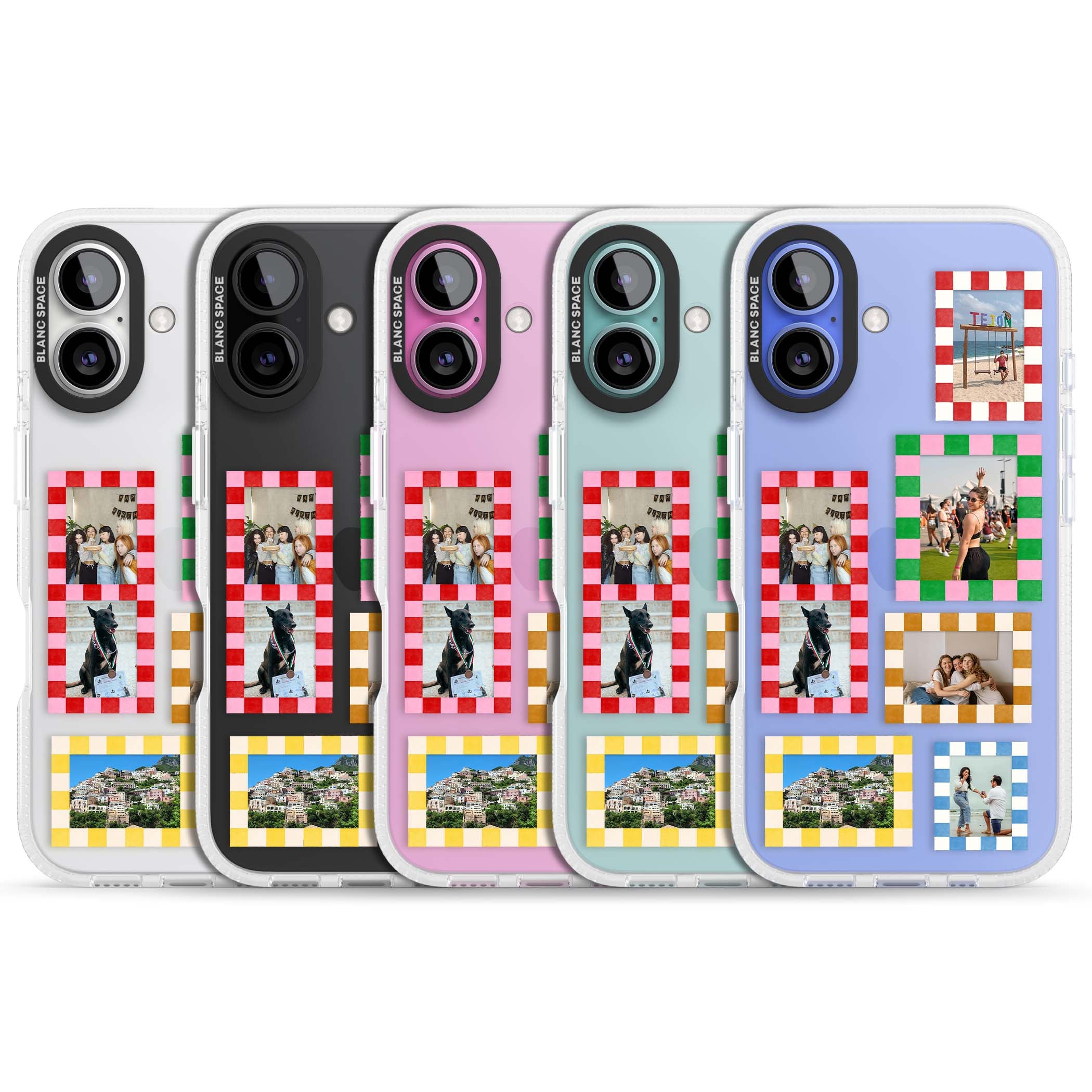 Italian Check Frames custom photo collage iPhone case featuring six checkered photo frames in red, green, pink and  | Clear Case Impact Air case for iPhone 16, iPhone 16 Plus