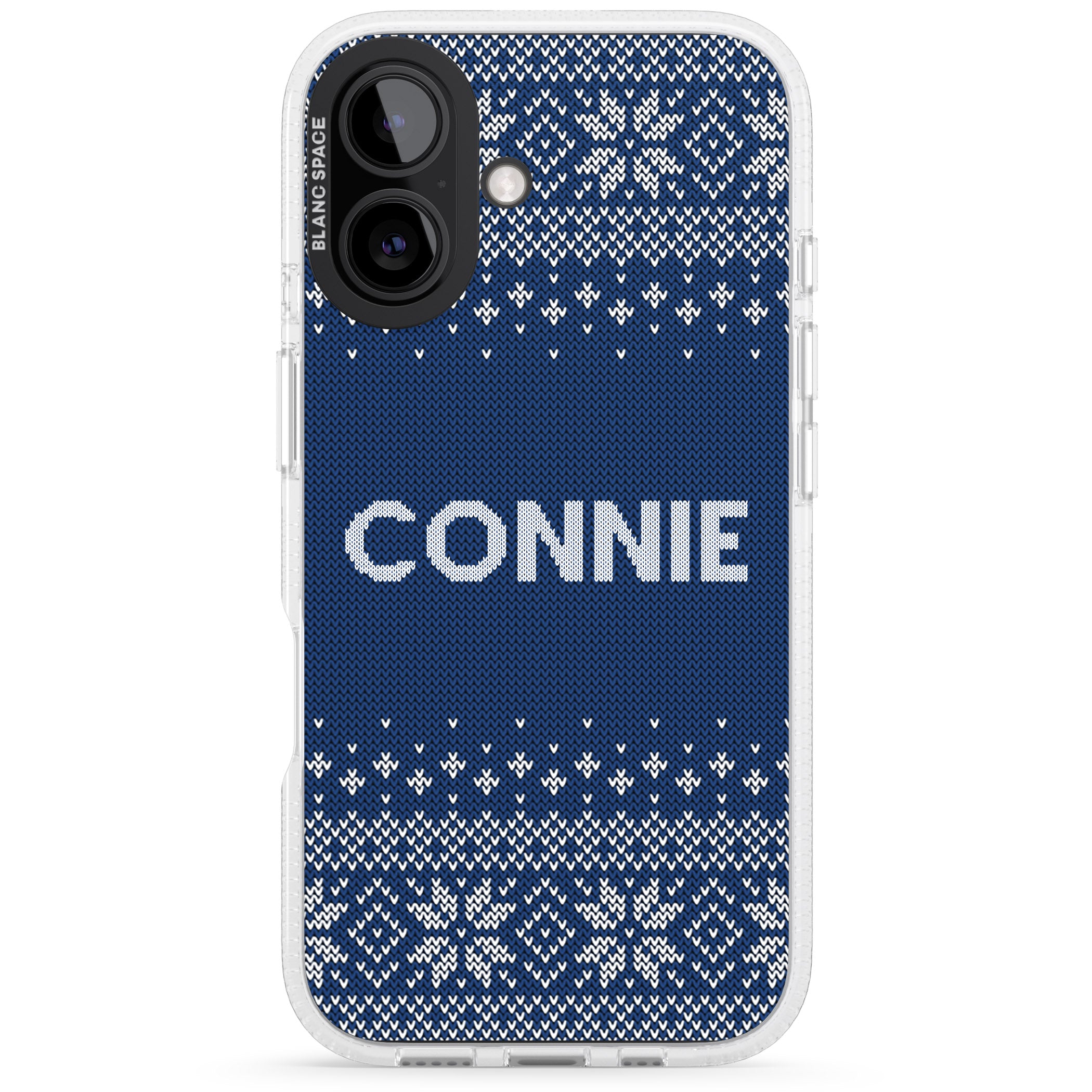 Personalised Blue Christmas Knitted Jumper iPhone 16 / 16 Plus Clear Case Impact Air - Blanc Space