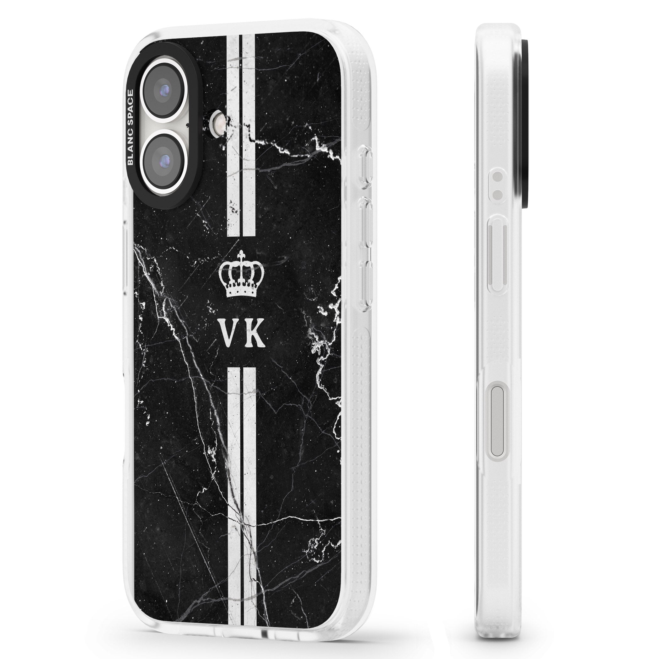 Personalised Stripes + Initials with Crown on Black Marble iPhone 16 / 16 Plus Clear Case Impact Air - Blanc Space