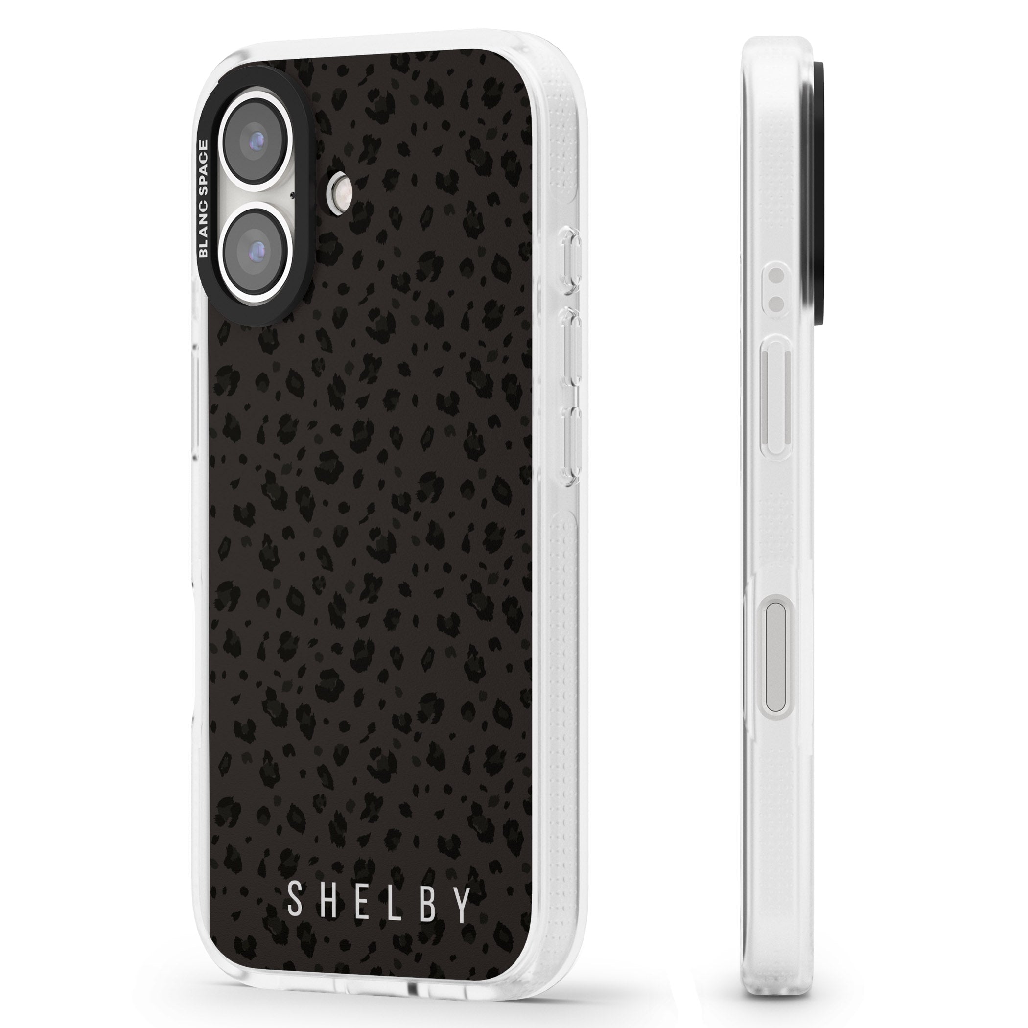 Personalised Minimal Lettering Dark Leopard iPhone 16 / 16 Plus Clear Case Impact Air - Blanc Space