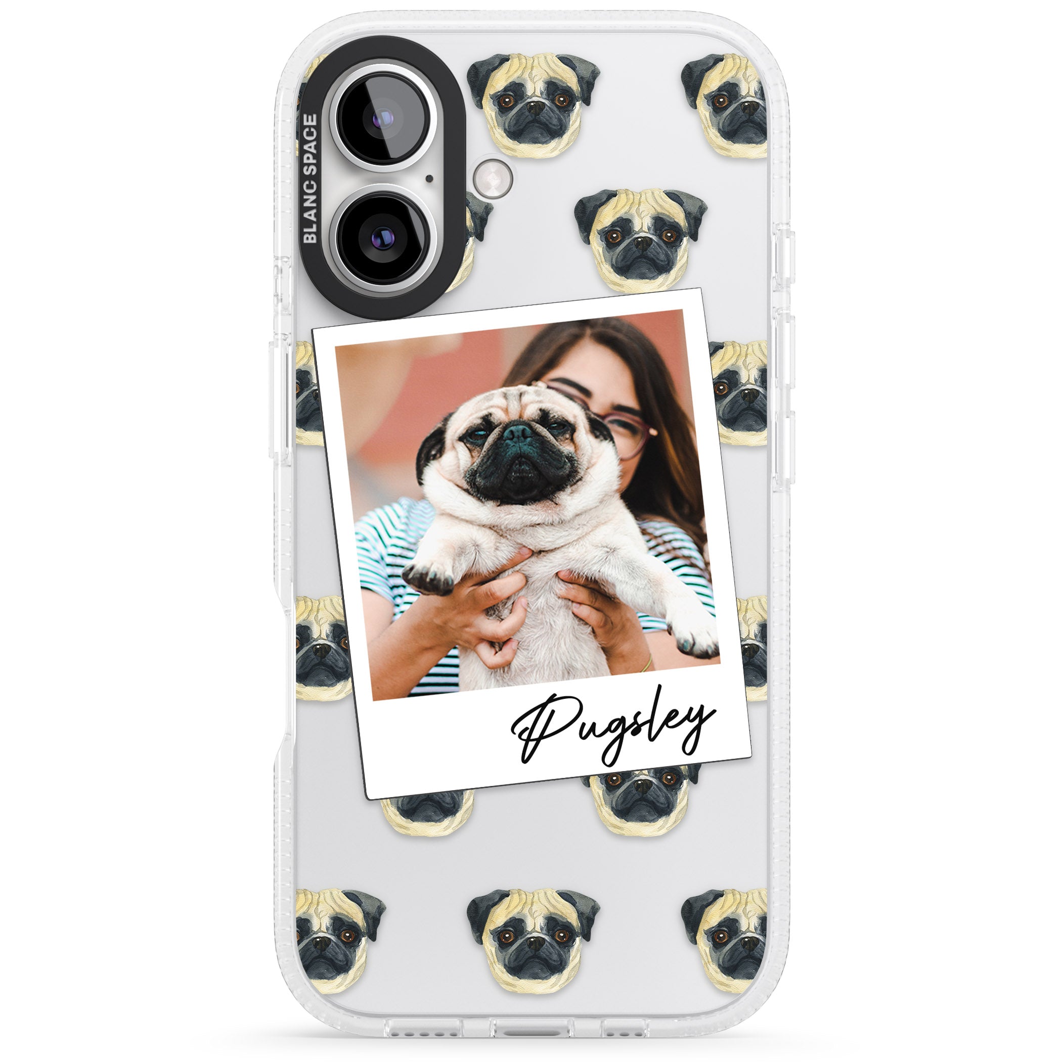 Personalised Pug - Dog Photo iPhone 16 / 16 Plus Clear Case Impact Air - Blanc Space