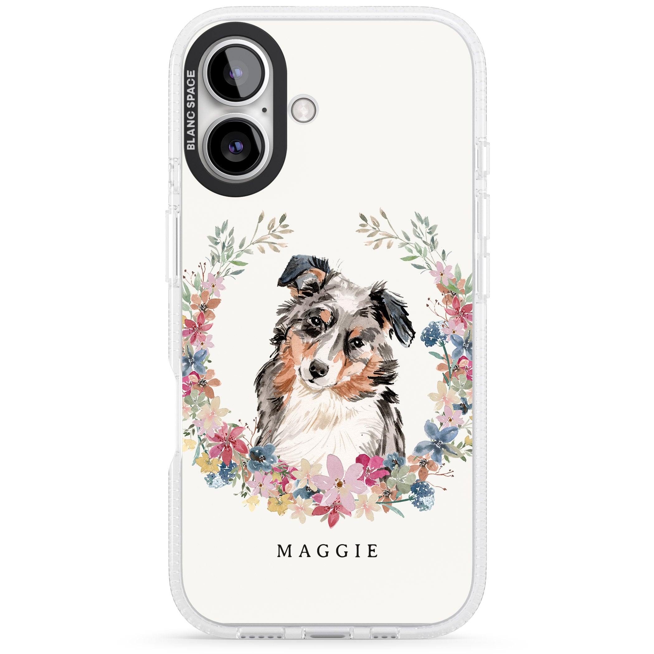 Personalised Australian Shepherd Watercolour Dog Portrait iPhone 16 / 16 Plus Clear Case Impact Air - Blanc Space