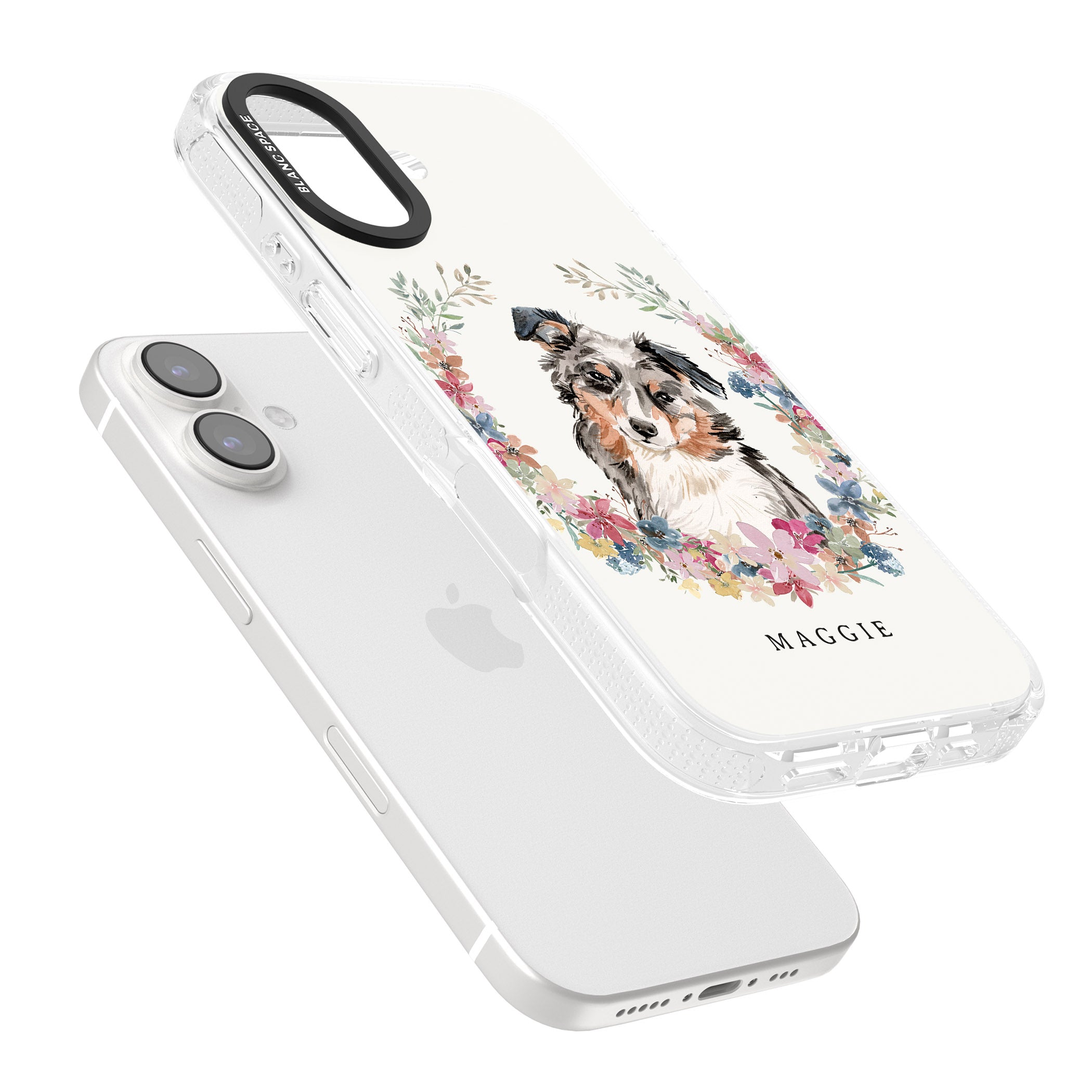 Personalised Australian Shepherd Watercolour Dog Portrait iPhone 16 / 16 Plus Clear Case Impact Air - Blanc Space