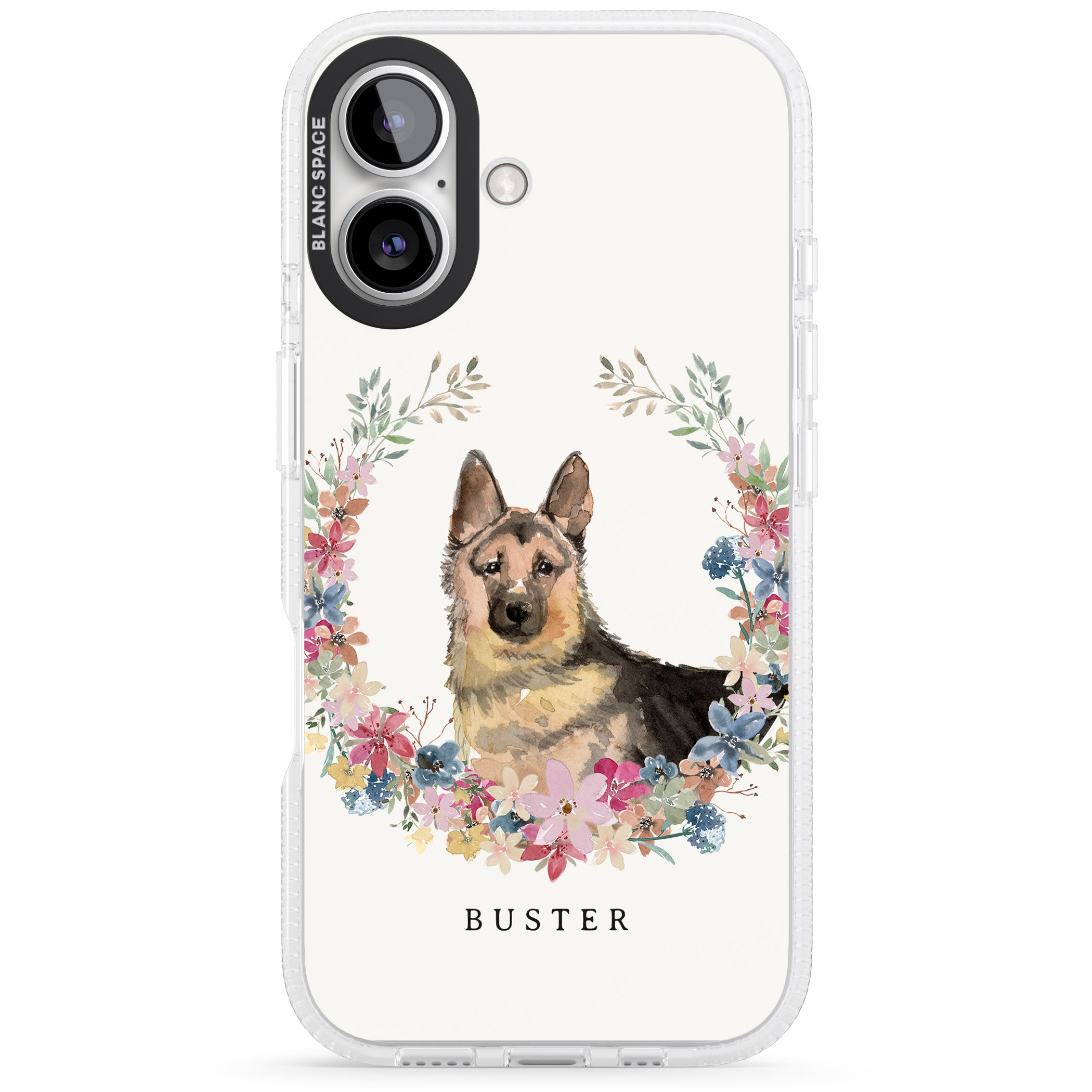Personalised German Shepherd - Watercolour Dog Portrait iPhone 16 / 16 Plus Clear Case Impact Air - Blanc Space