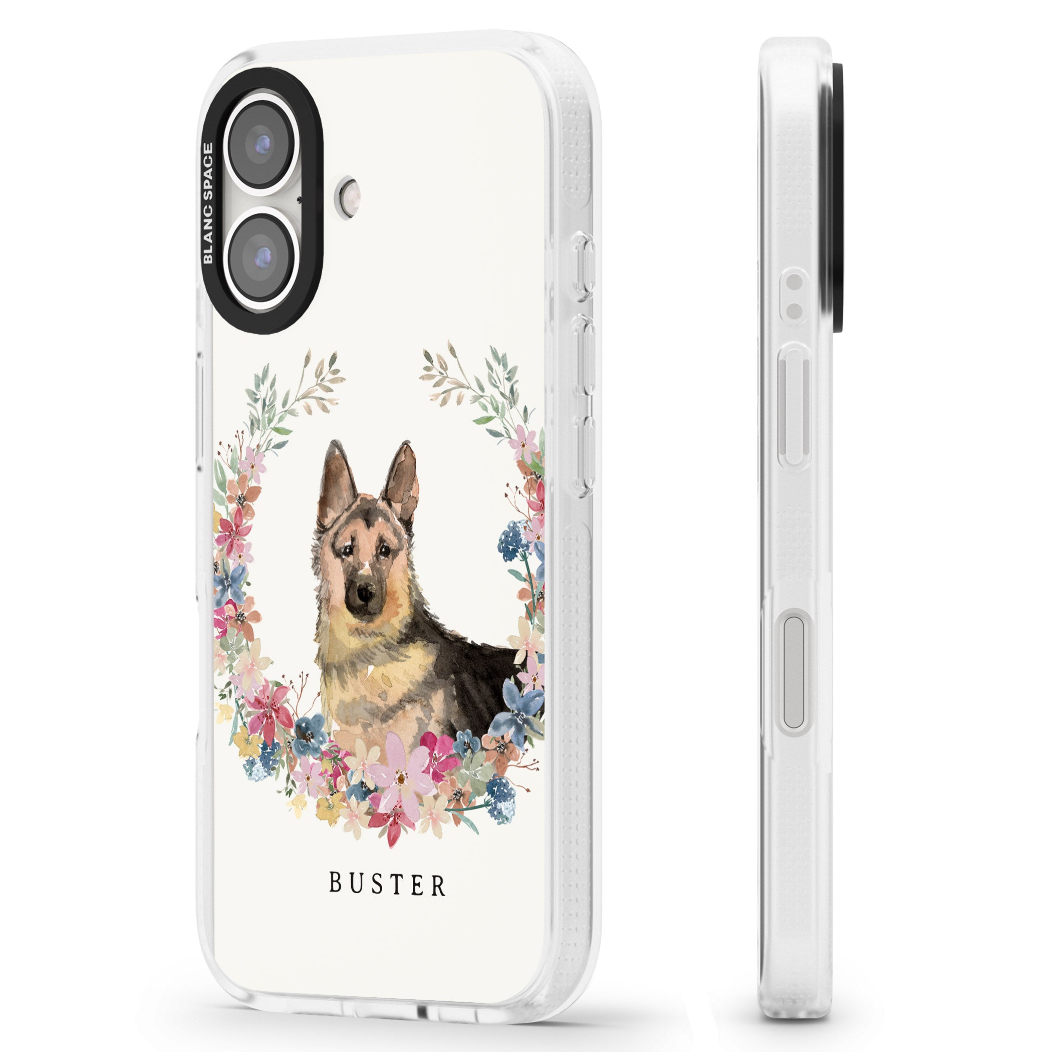 Personalised German Shepherd - Watercolour Dog Portrait iPhone 16 / 16 Plus Clear Case Impact Air - Blanc Space
