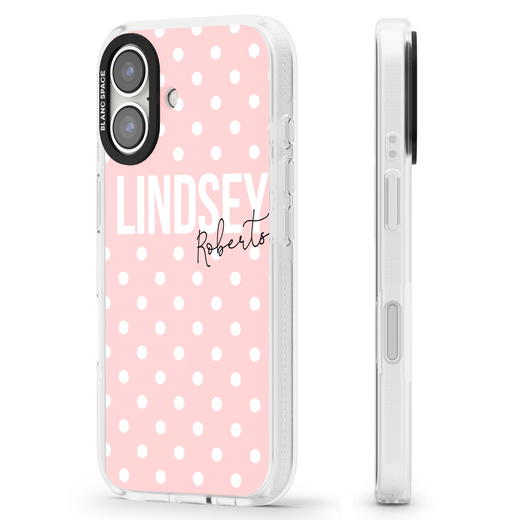 Personalised Pink Polka iPhone 16 / 16 Plus Clear Case Impact Air - Blanc Space