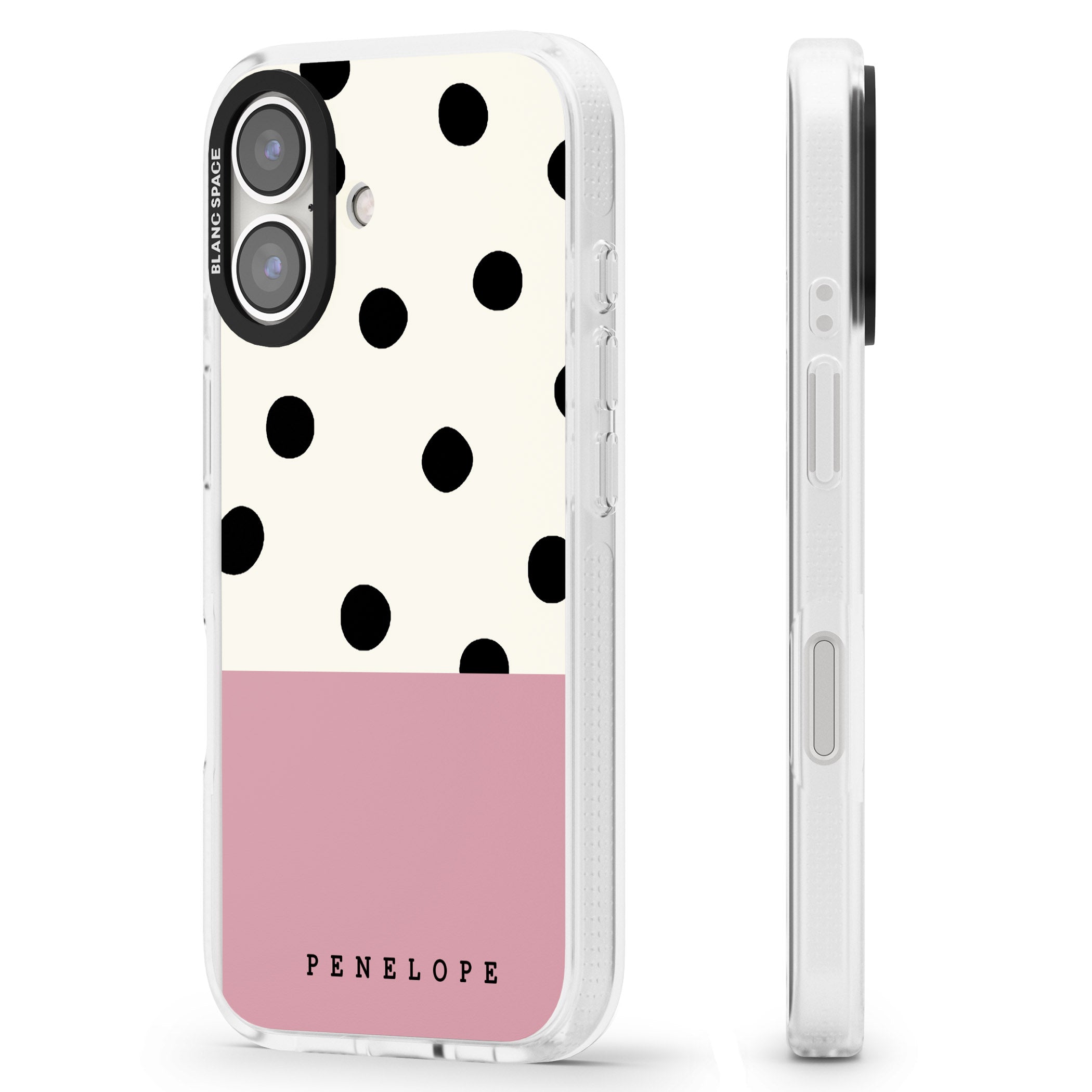 Personalised Pink Border Polka Dot iPhone 16 / 16 Plus Clear Case Impact Air - Blanc Space