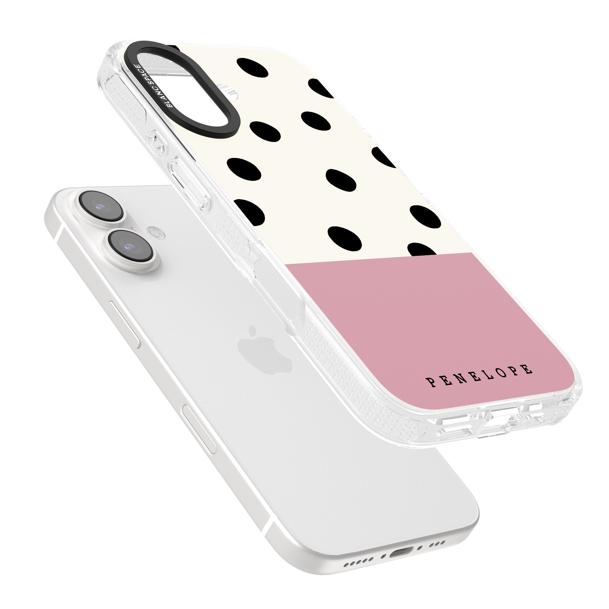 Personalised Pink Border Polka Dot iPhone 16 / 16 Plus Clear Case Impact Air - Blanc Space