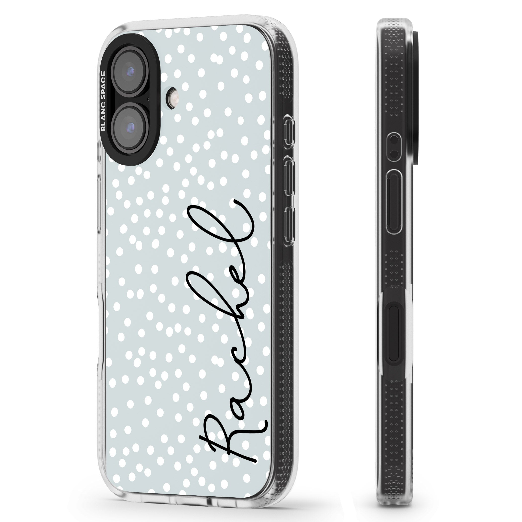 Personalised Vertical Cursive & Dots iPhone 16 / 16 Plus Clear Case Impact Air - Blanc Space