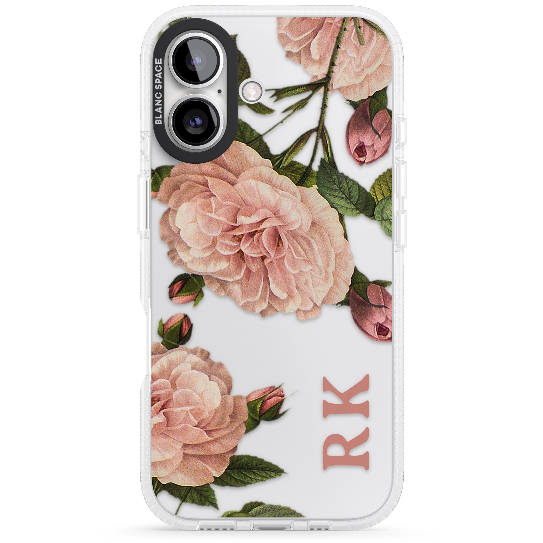 Personalised Clear Vintage Floral Pale Pink Peonies iPhone 16 / 16 Plus Clear Case Impact Air - Blanc Space